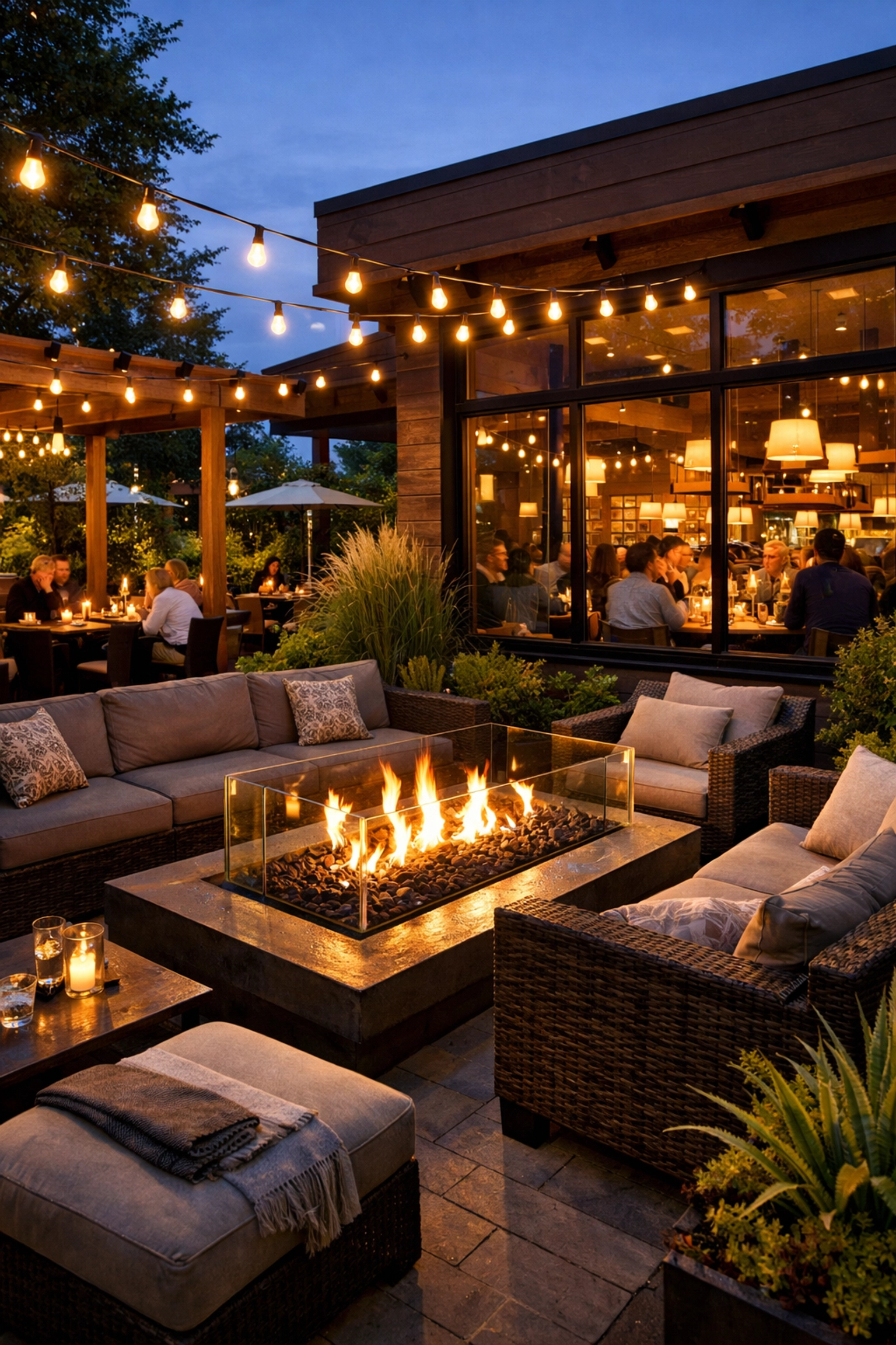Renovated outdoor patio at former Cafe Flore space featuring fire pit and modern dining area