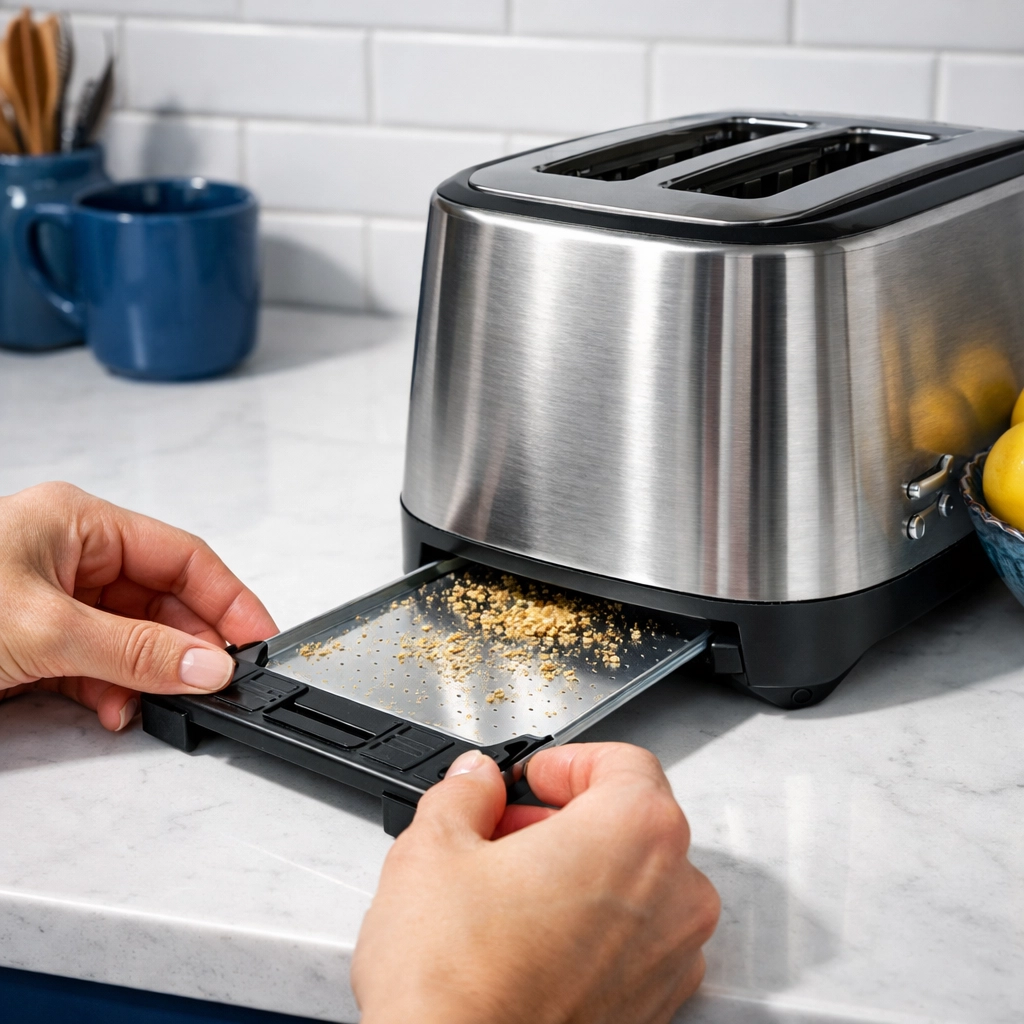 A person removing a toaster crumb tray for cleaning in a modern kitchen during a weekly house cleaning session.