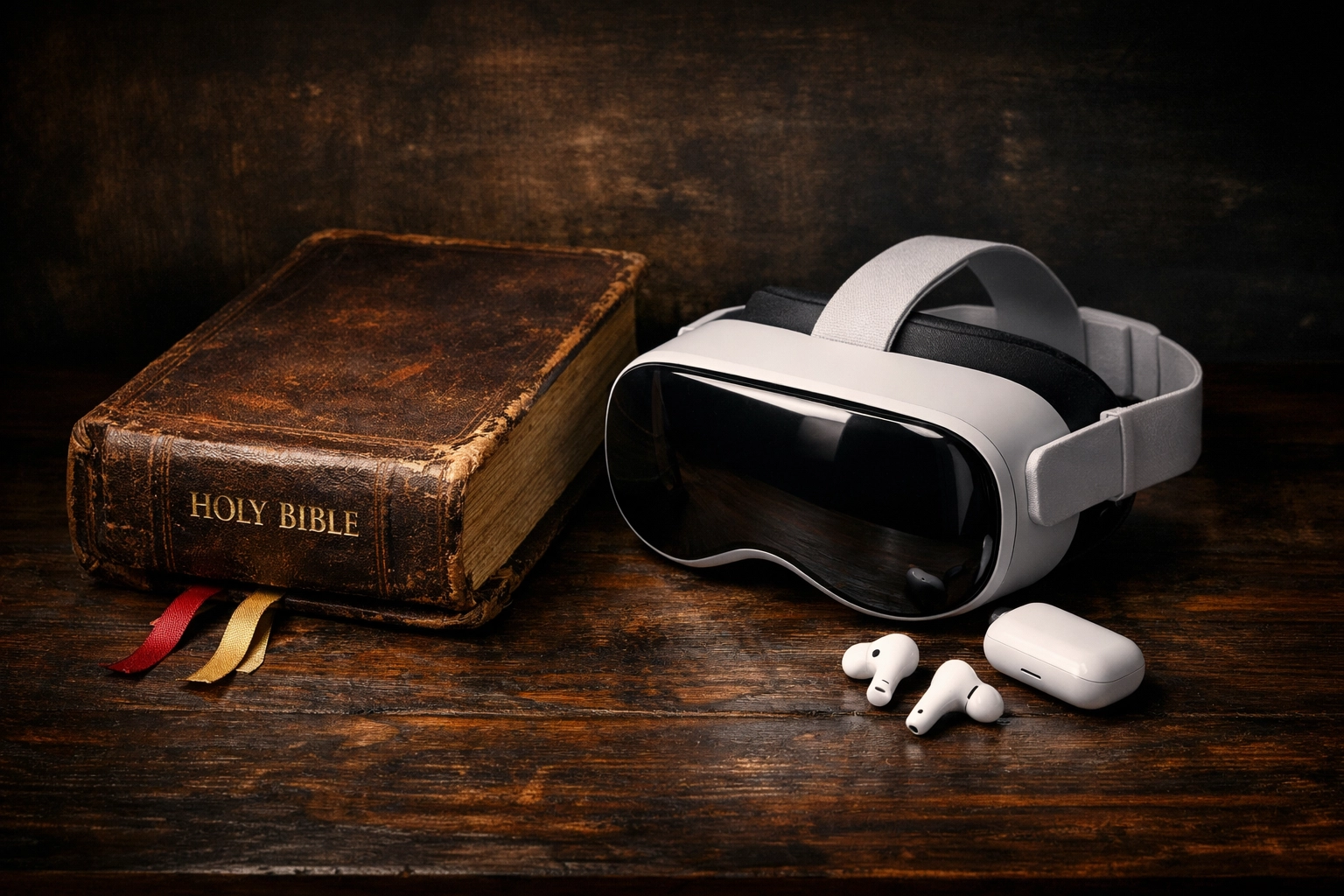 A classic leather Bible next to a VR headset, showing the bridge between tradition and technology.