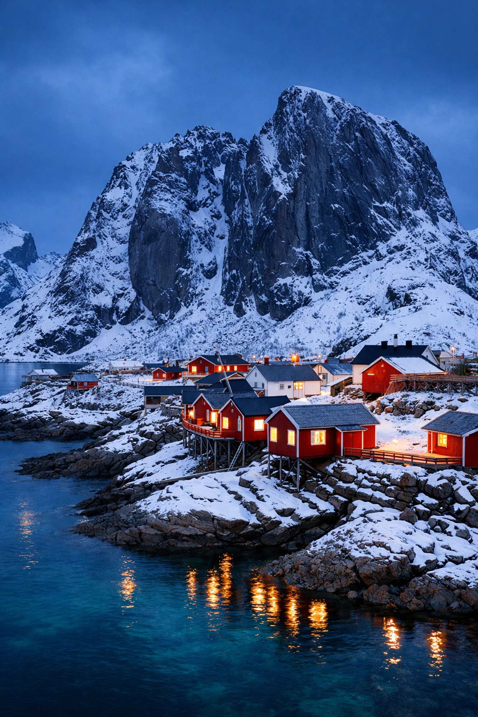 Red rorbuer cabins in the Lofoten Islands, Norway, capturing the best of travel photography spots.