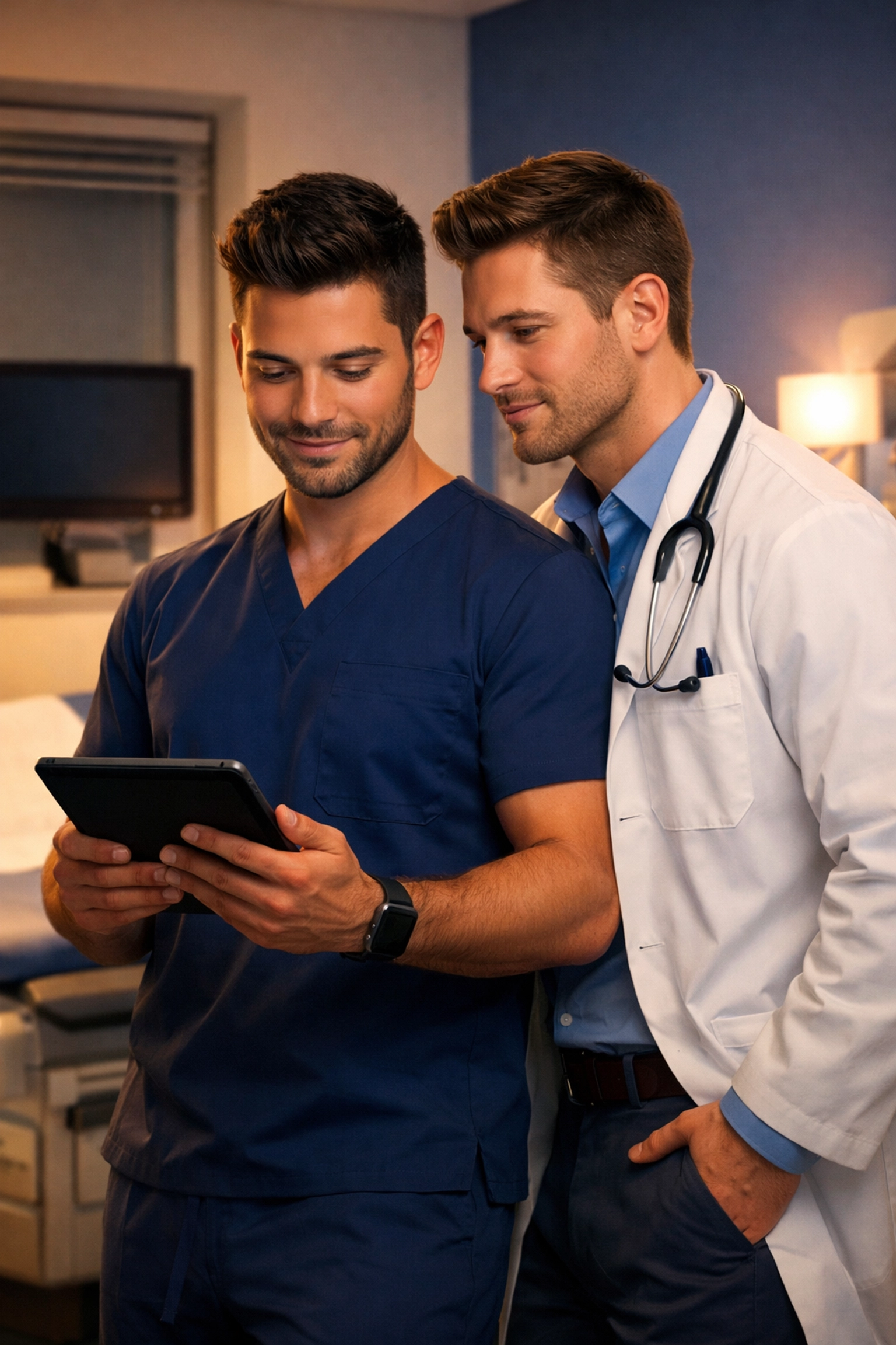 Two gay medical professionals in clinic showing workplace connection and MM romance themes