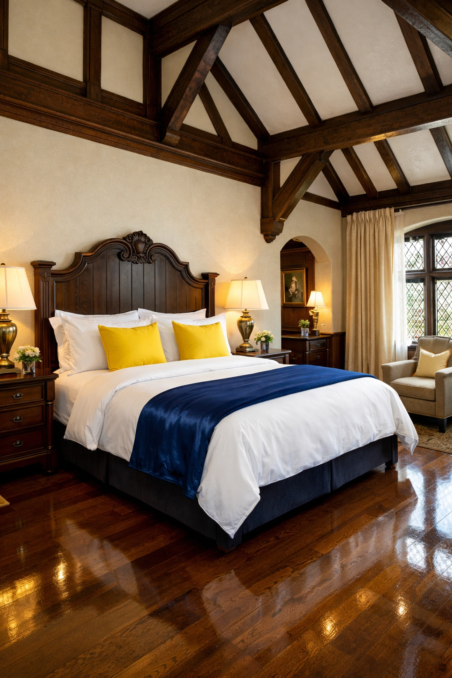 A guest-ready bedroom in a Newton mansion maintained by luxury house cleaning experts.
