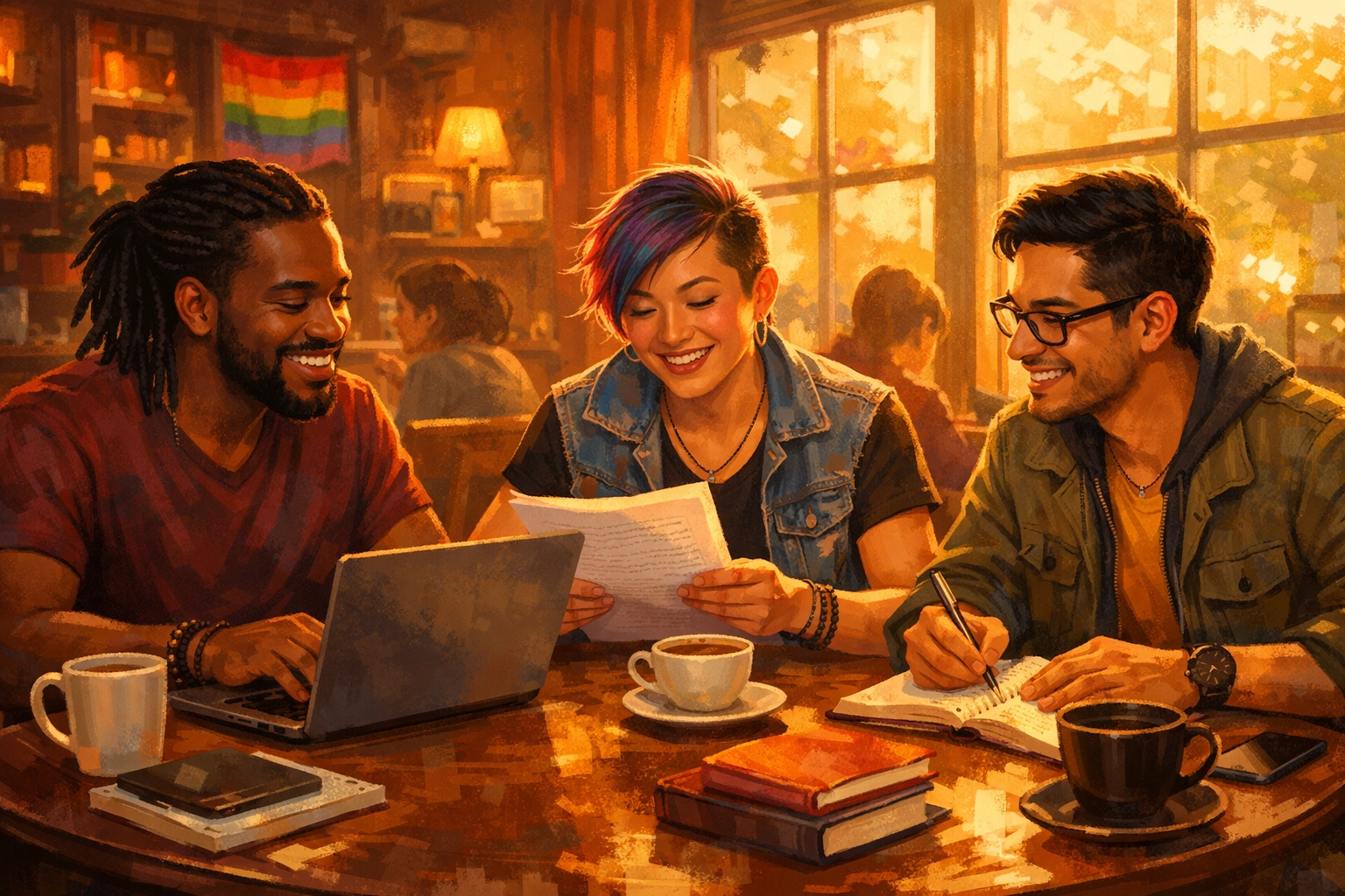 Diverse LGBTQ+ writers collaborating together on indie author projects in supportive community setting
