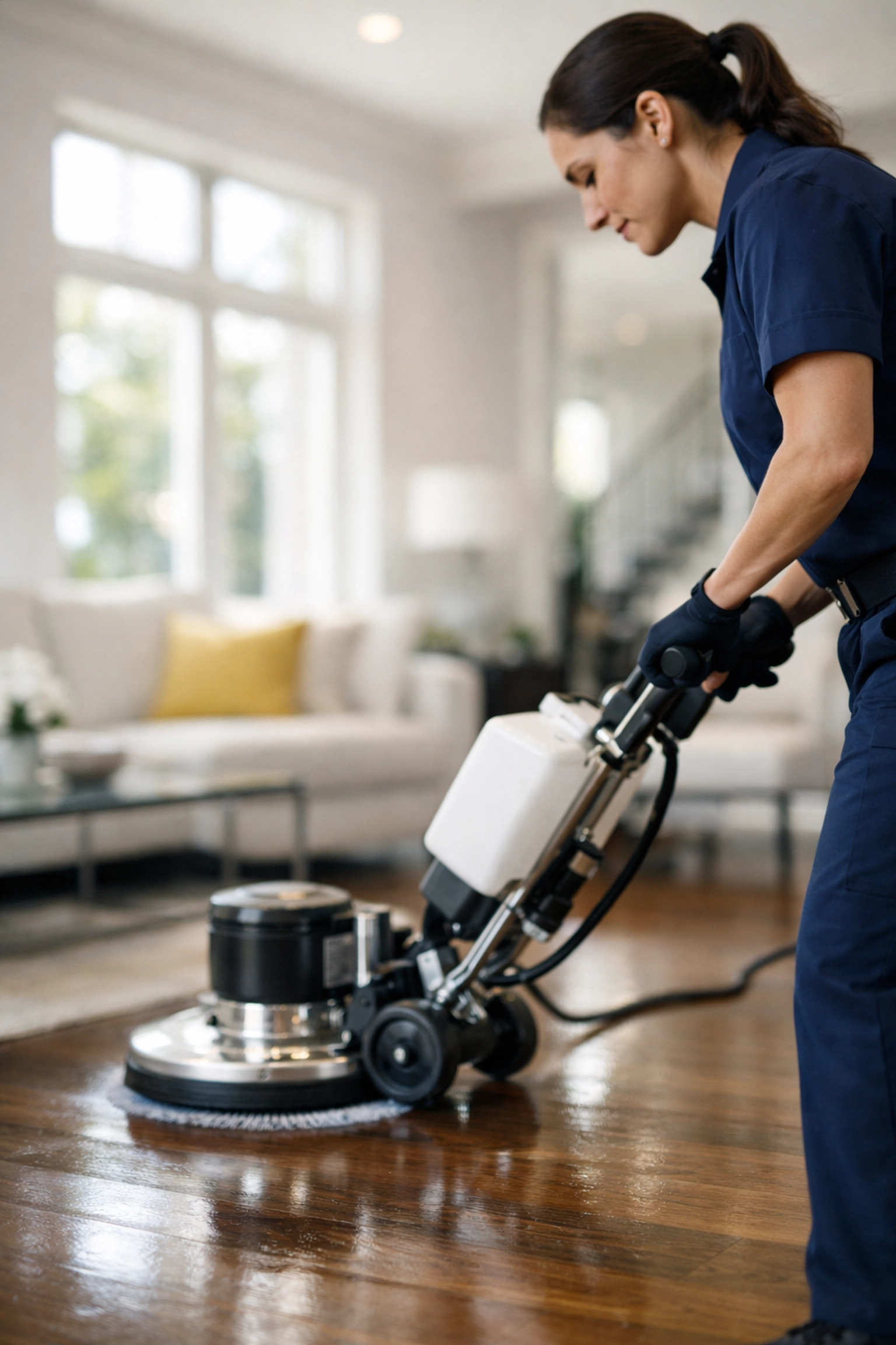 Professional cleaners in Lowell using high-performance equipment to clean a modern hardwood floor.