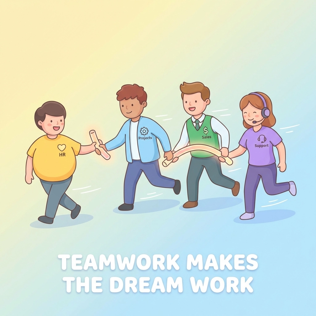 Departments working together seamlessly symbolized by a relay race, showing unified SMB team collaboration.