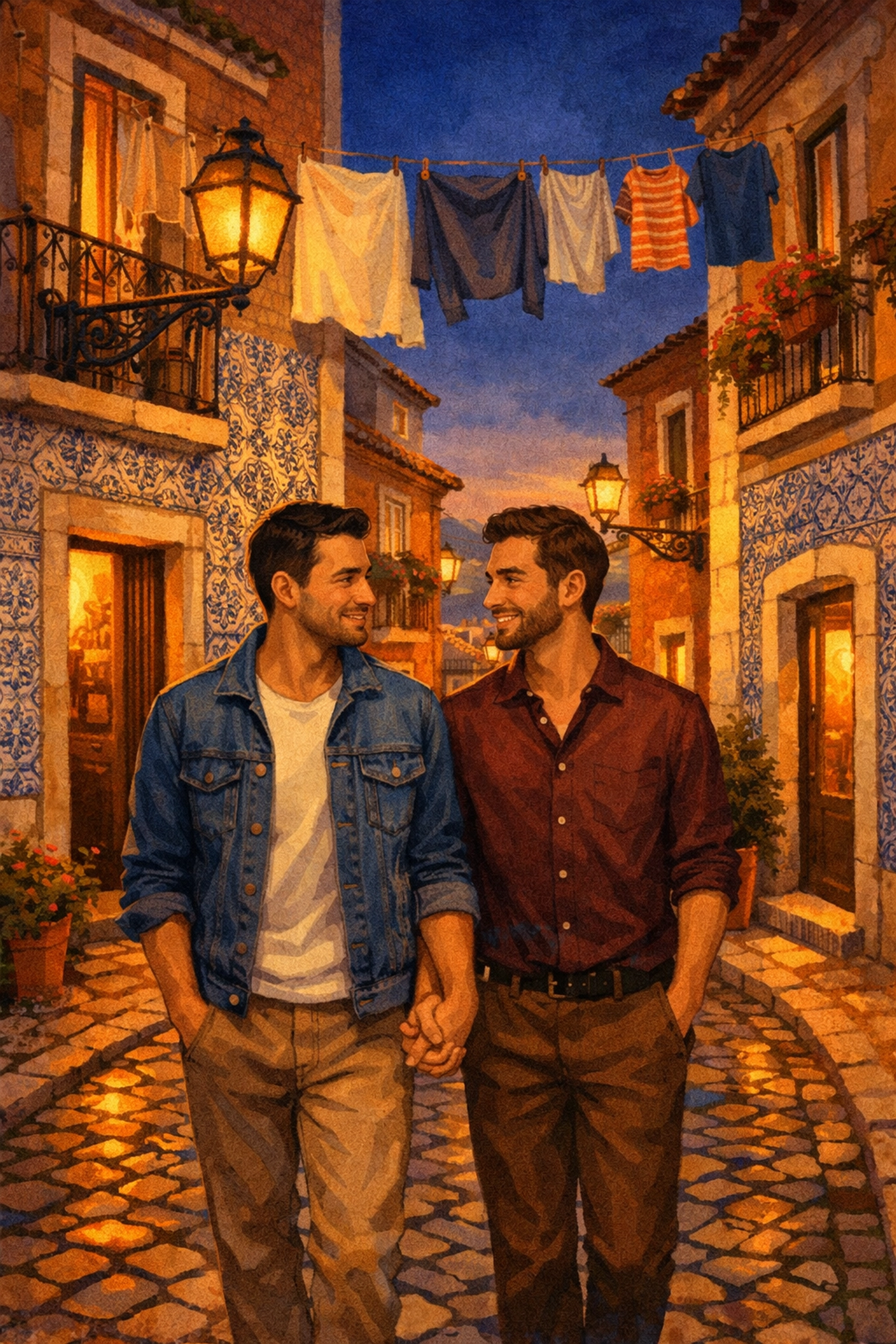 Gay couple walking hand-in-hand through Alfama's historic cobblestone streets