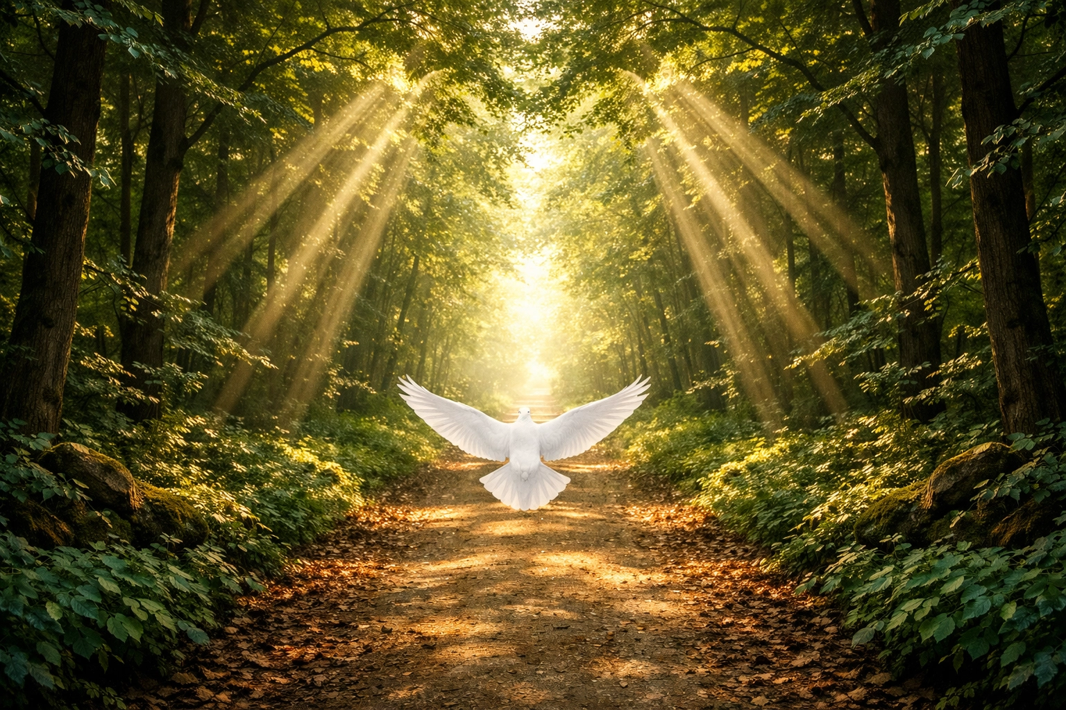 A peaceful forest path with a white dove in sunlight, representing a calm mind and spiritual peace during storms.