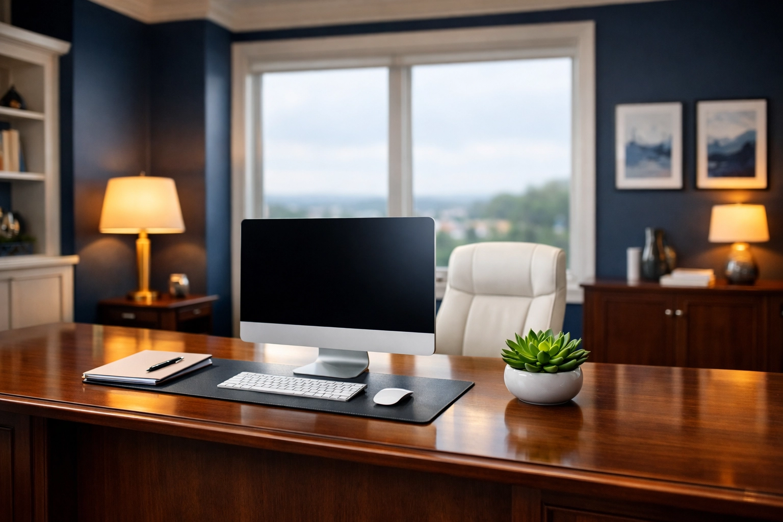 A bright, organized executive workspace in Westborough after a professional office cleaning session.