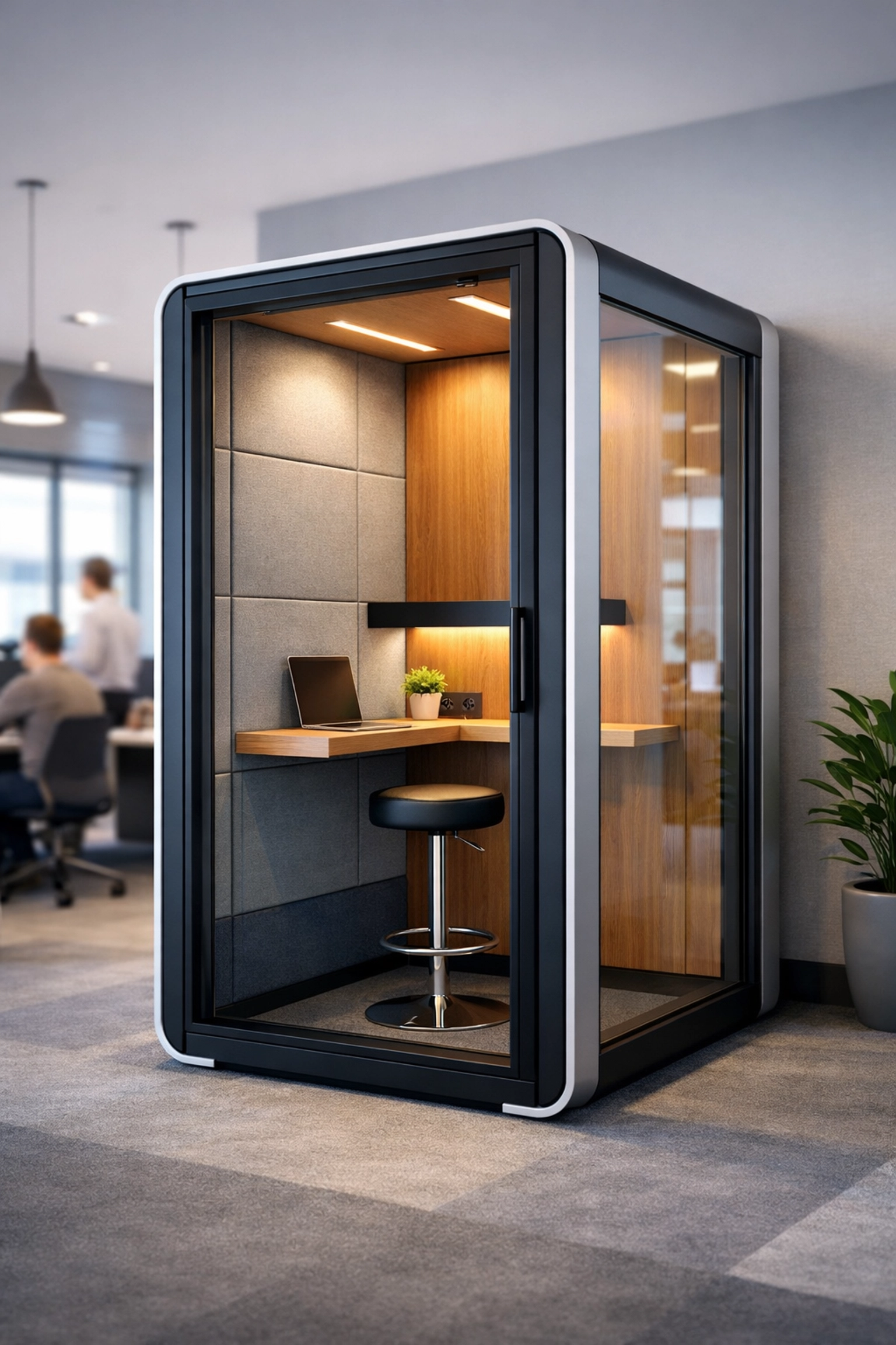 Modern acoustic office pod with glass front installed in contemporary workspace