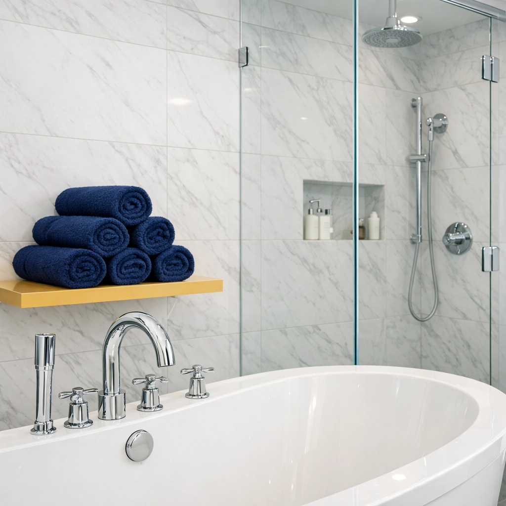 Sparkling master bathroom with streak-free glass and marble after bi-weekly house cleaning.