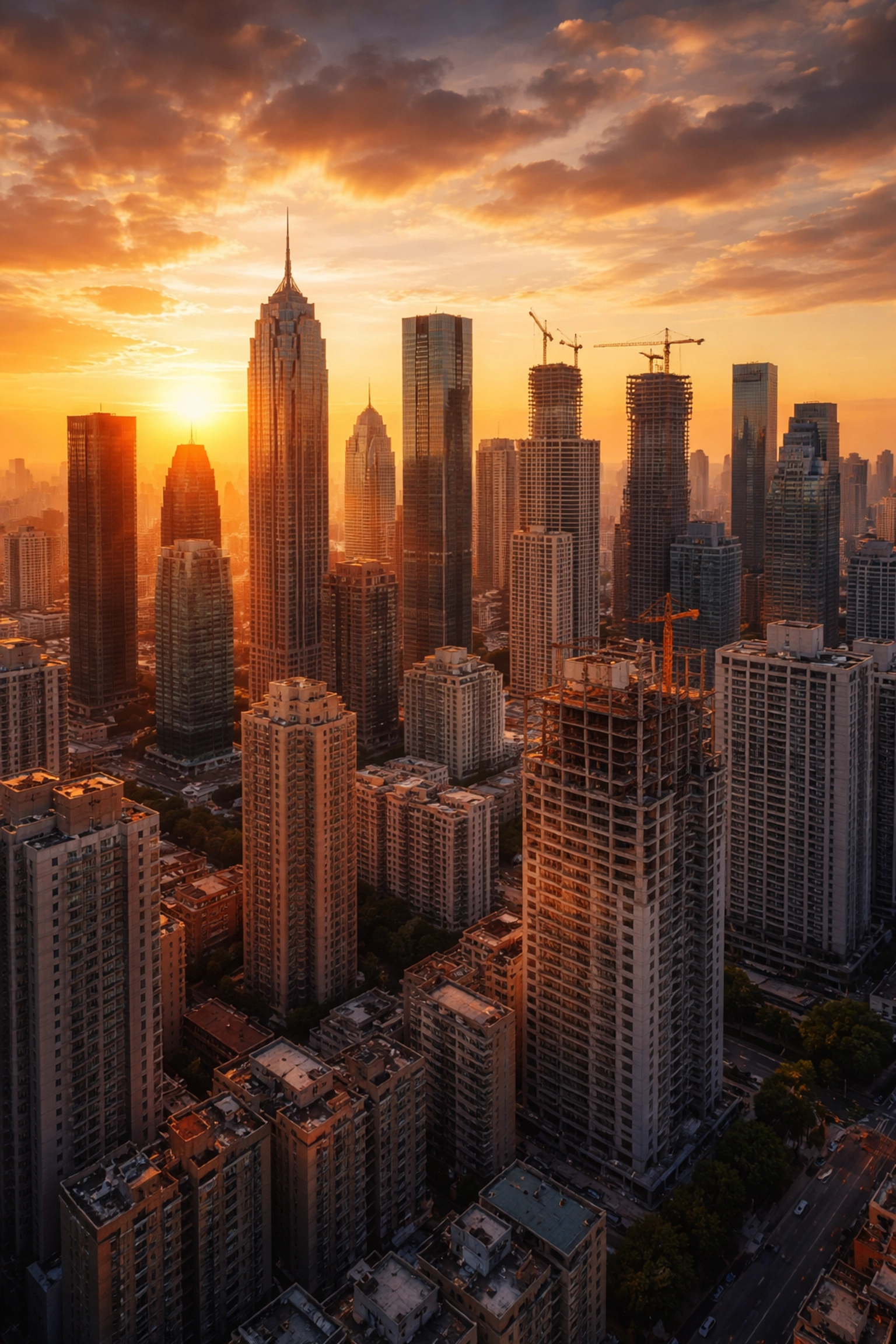 Aerial view of a modern city skyline at sunset with real estate towers, illustrating the 2026 real estate market reset and investment opportunities.