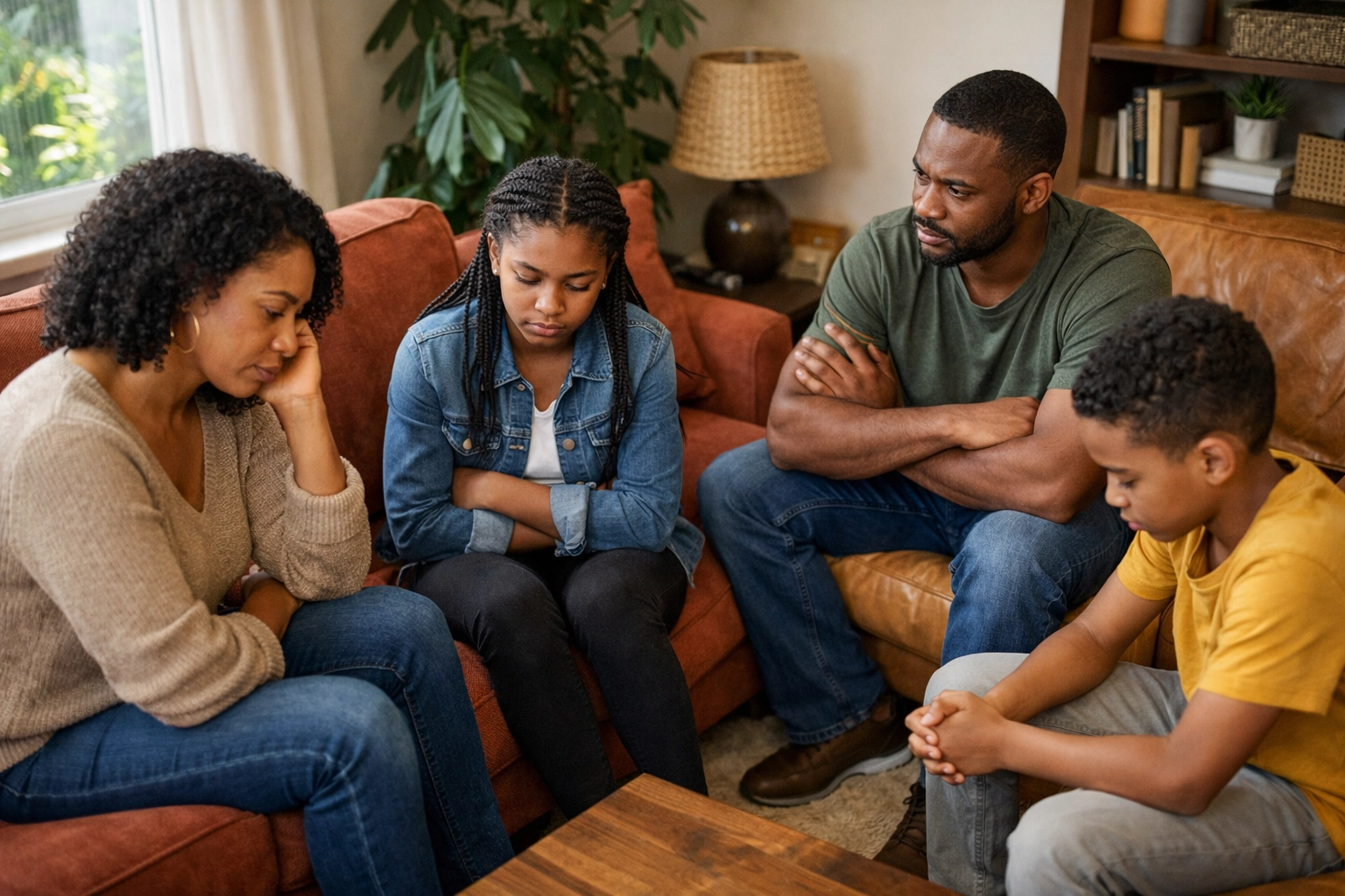 Family in therapy working through communication challenges and divorce impact together