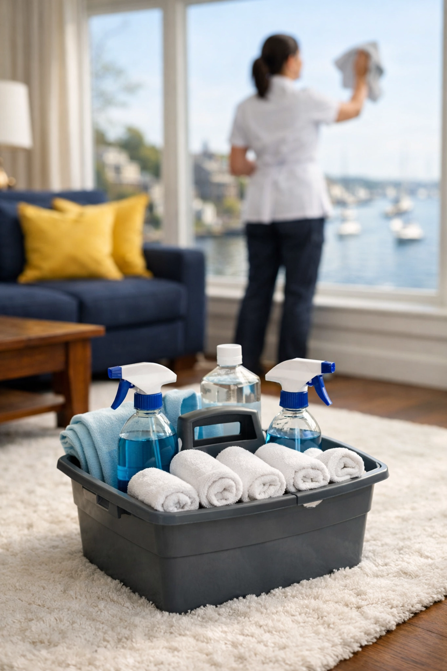 Professional eco-friendly supplies used during a Marblehead residential cleaning service in a luxury home.