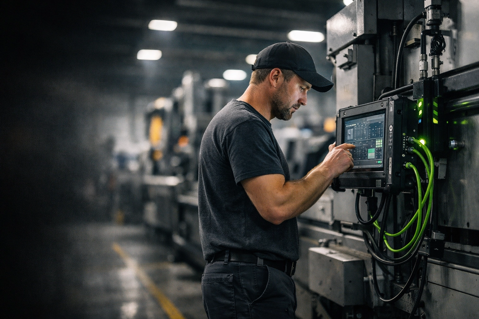 Technician monitoring industrial systems in a Lincoln Nebraska manufacturing plant with proactive IT support.