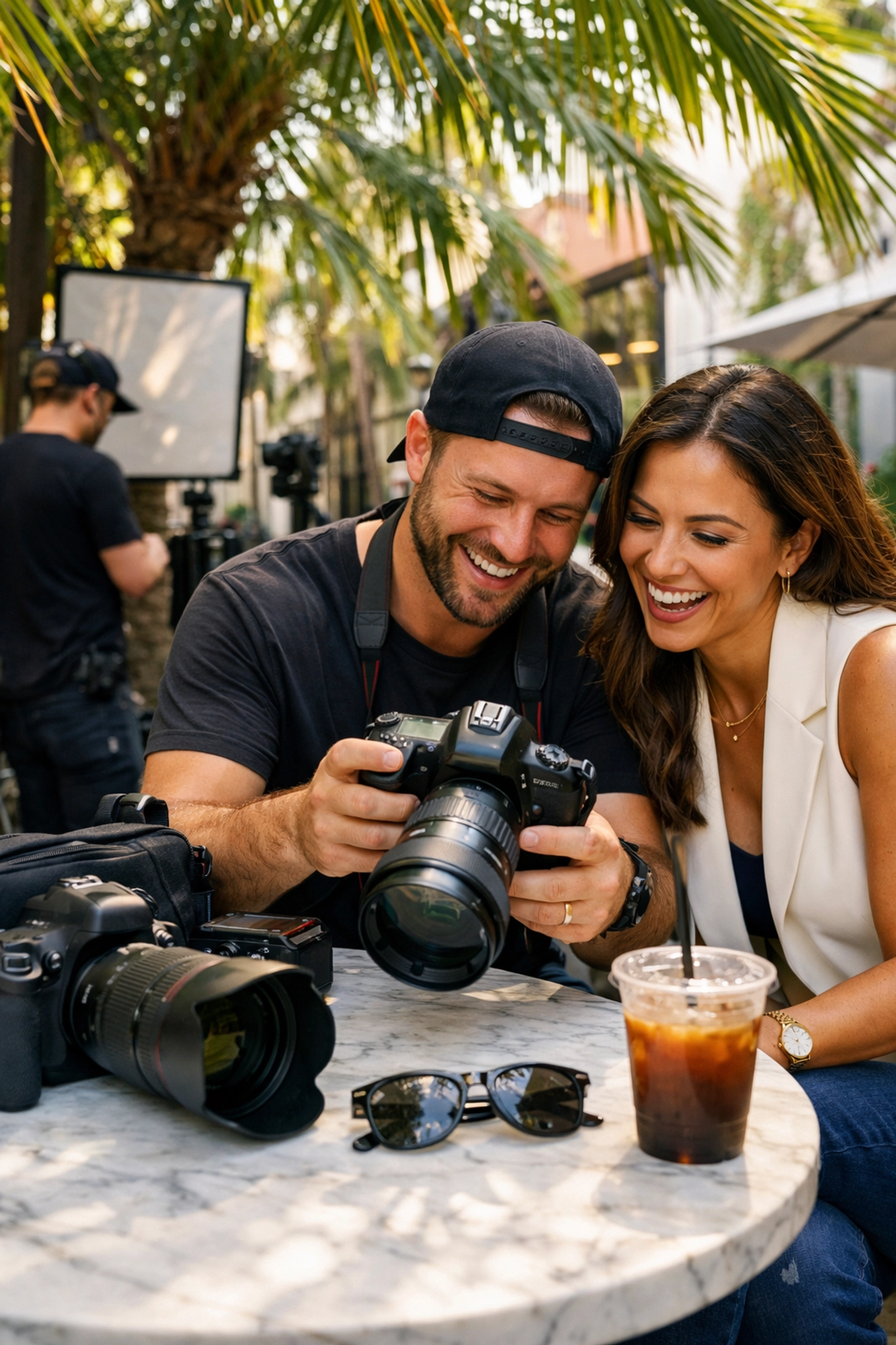 Commercial photographer and client reviewing shots during a candid brand photography session in the Miami Design District.