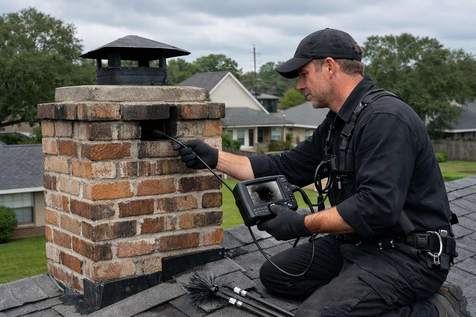 Chimney sweep performing annual inspection with camera on Louisiana home roof