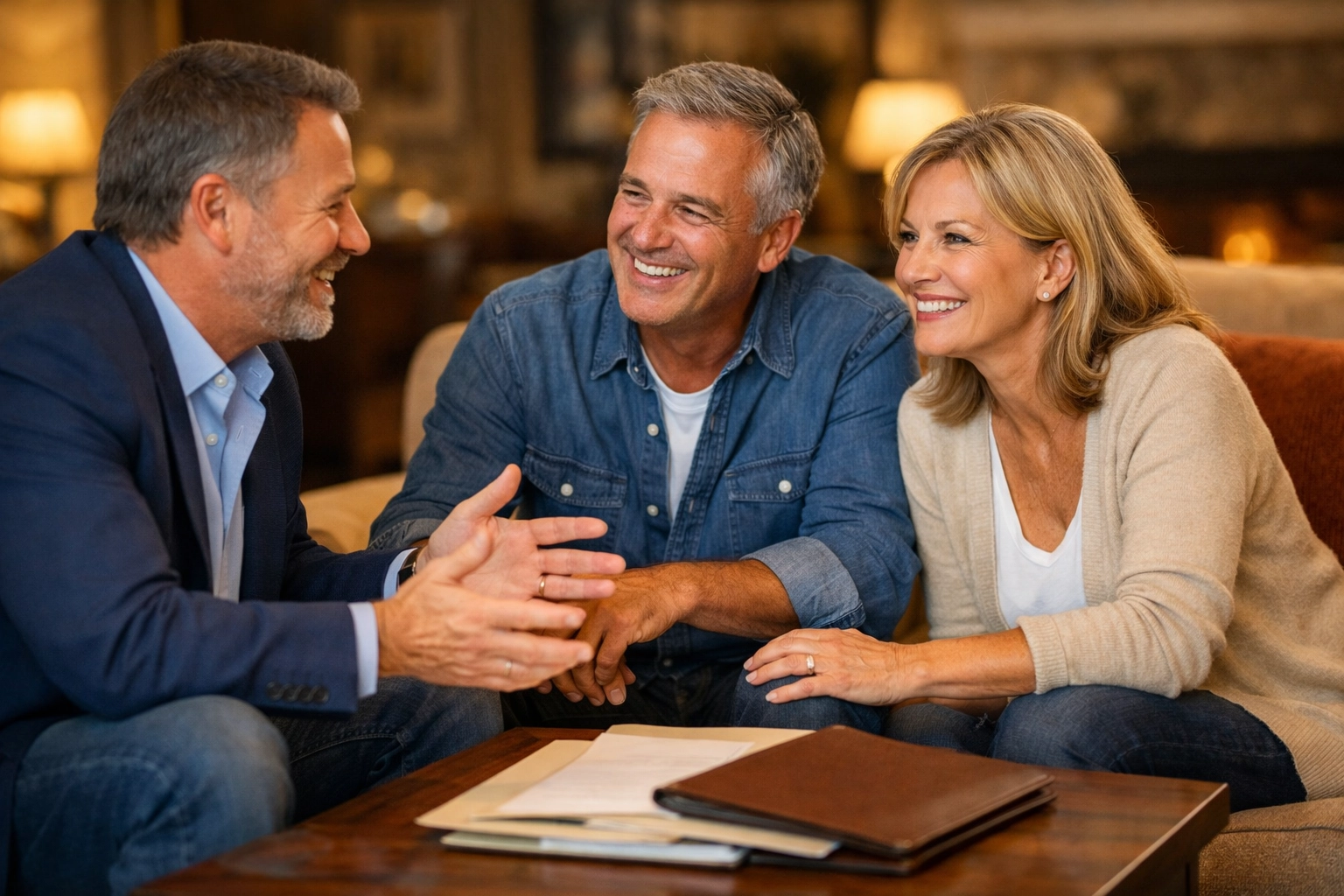 A financial advisor discussing customized executive benefit plans with a business owner couple.
