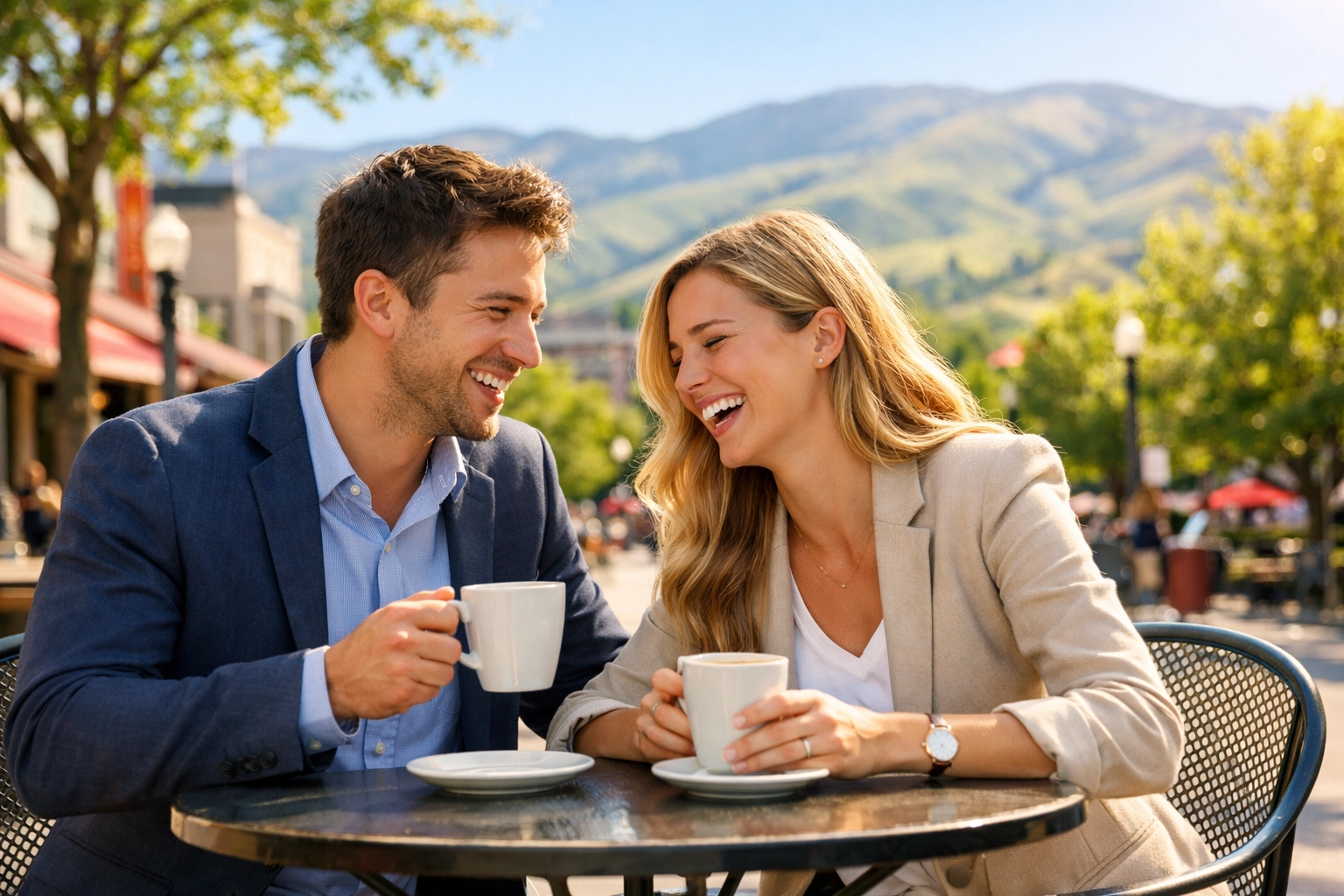 Couple laughing at a sunny Boise cafe, illustrating the fresh start and lifestyle found when relocating to Boise Idaho.