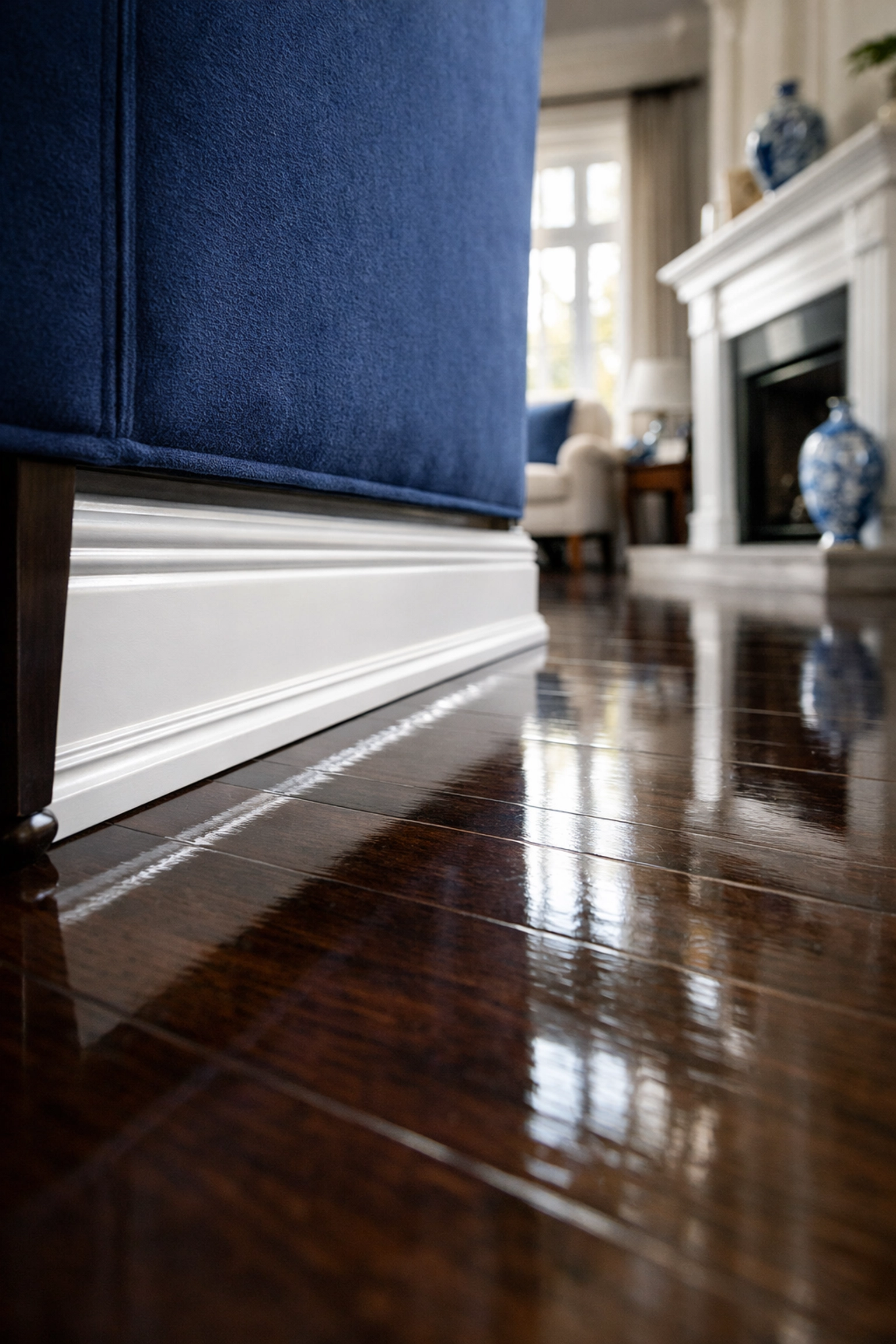 Deep cleaning Wellesley MA results on polished hardwood floors and white baseboards.