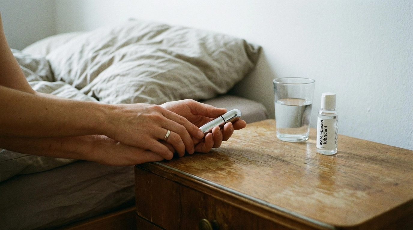Grainy 35mm close-up of hands holding a small vibrator beside lube on a bedside table, natural light, early-30s couple, candid intimacy