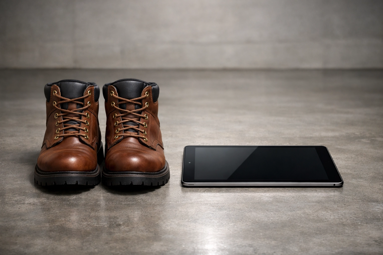 Service technician work boots and tablet representing disciplined business financial management.