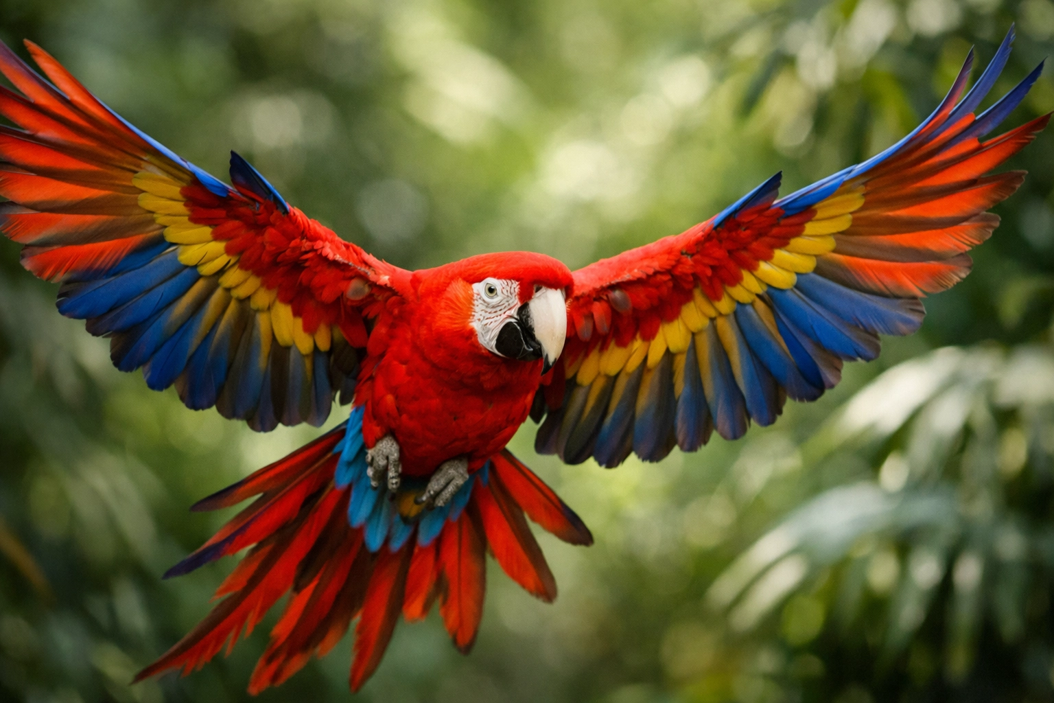 Sharp macaw parrot captured in mid-flight with fast shutter speed showing detailed feathers