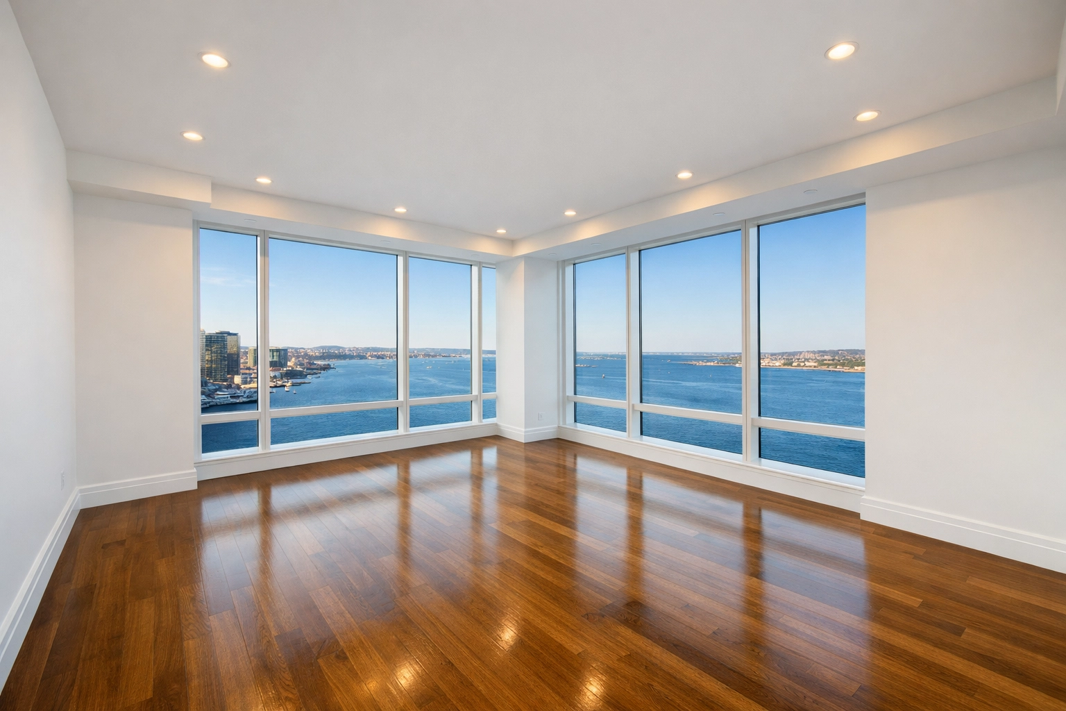 Spotless empty luxury apartment in Boston Seaport showing professional-grade move-in cleaning results.