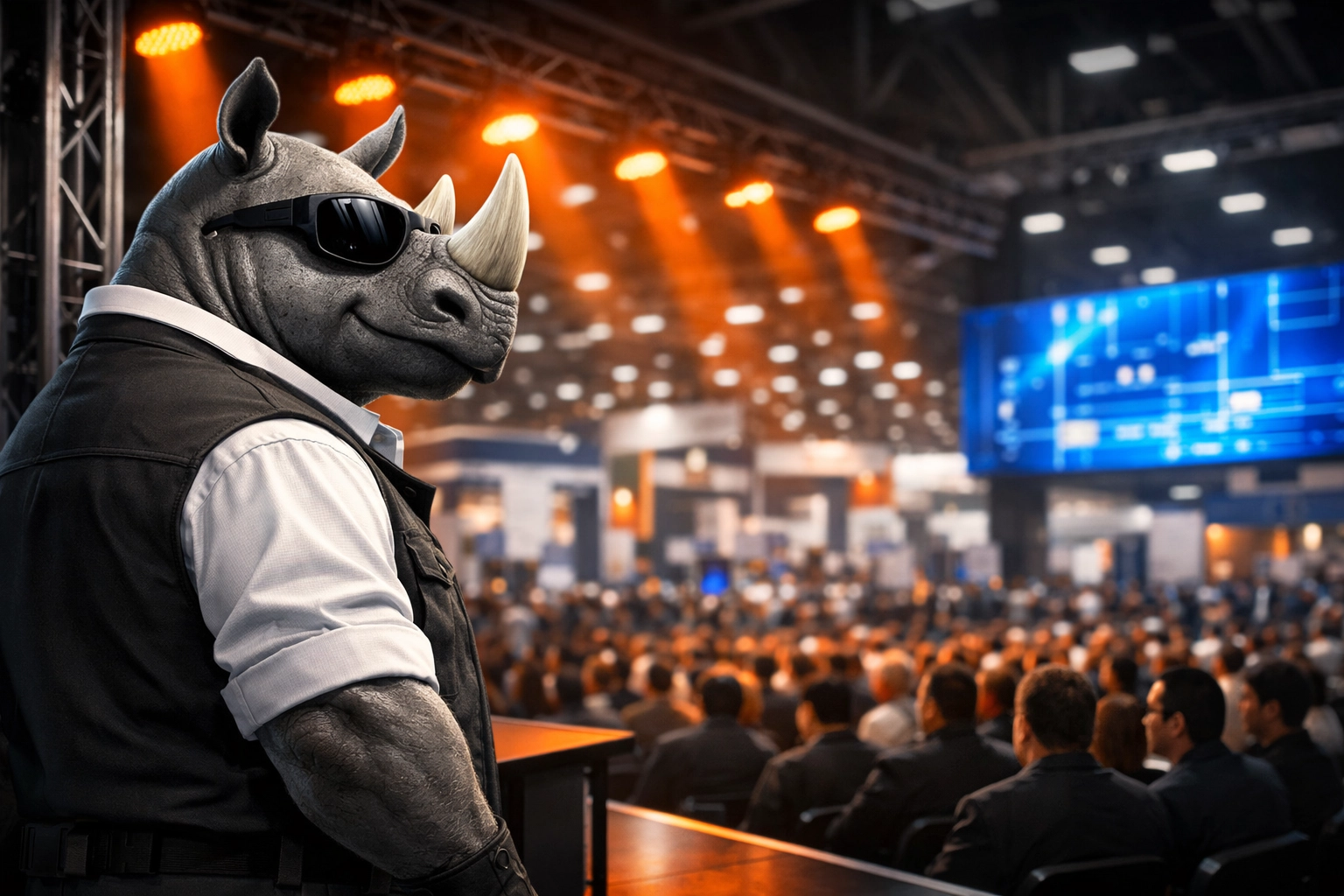 Ramblin’ Rhyno mascot leading an HVAC industry panel at the AHR Expo 2026 trade show.