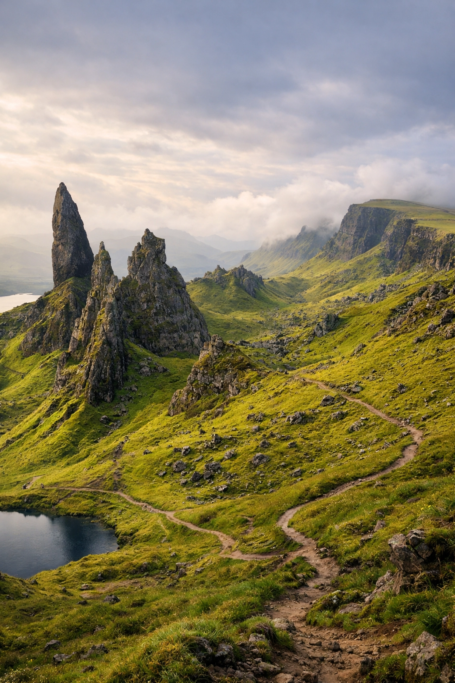 Jagged rock formations and green landscapes on a guided hiking tour in the Scottish Highlands.
