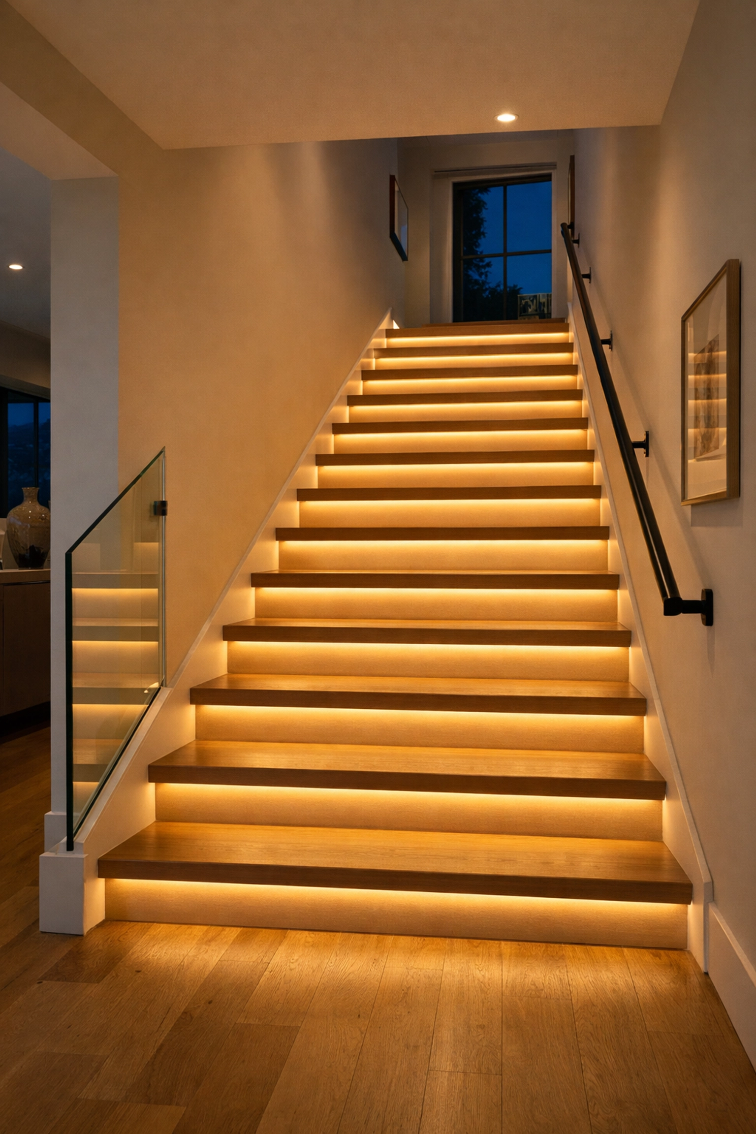 Modern staircase featuring LED strip lighting under each step to improve visibility and prevent nighttime falls.