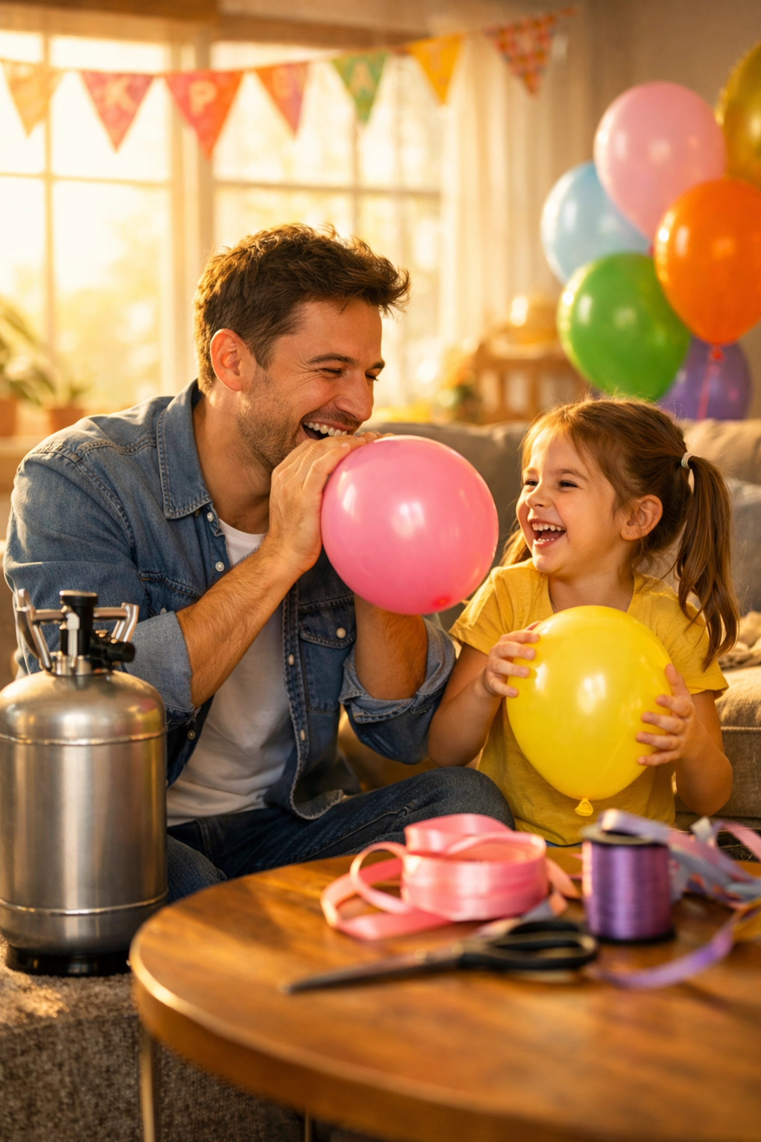 Father and daughter using a helium gas cylinder to inflate colorful balloons for a birthday party.