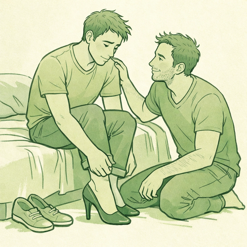 Gay man trying on high heels for first time with partner's supportive encouragement