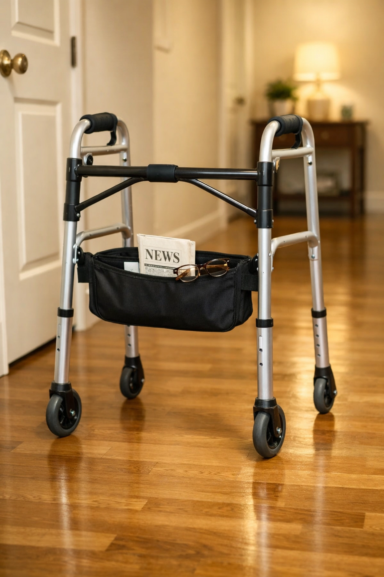 A walker with a centered storage pouch for personal items to maintain balance and prevent tipping.