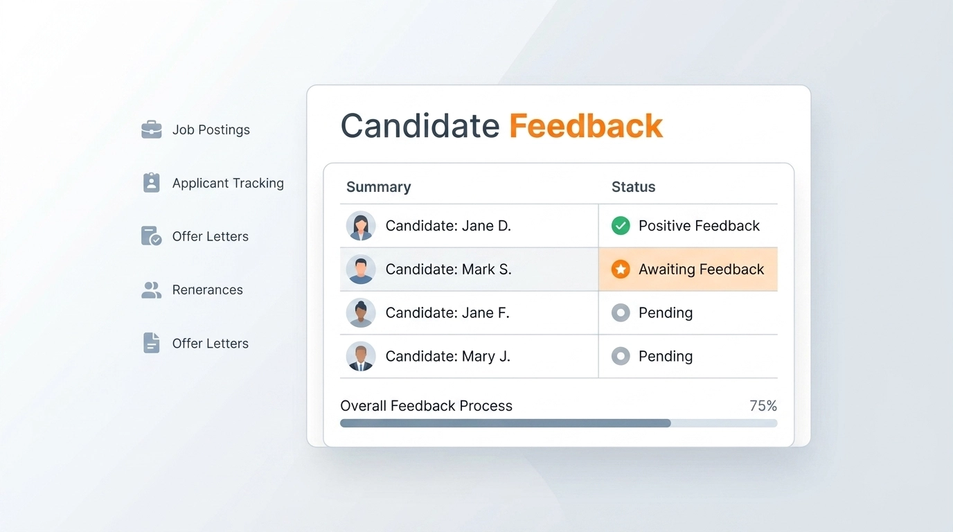 A clean digital dashboard illustrating candidate feedback and recruitment status