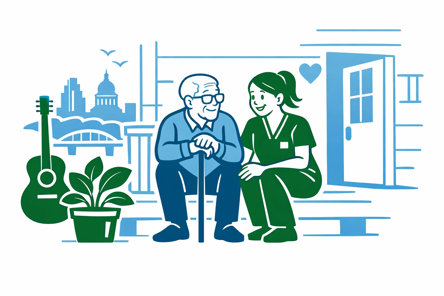 Friendly companion care services caregiver visiting a senior man on a traditional Austin home porch.