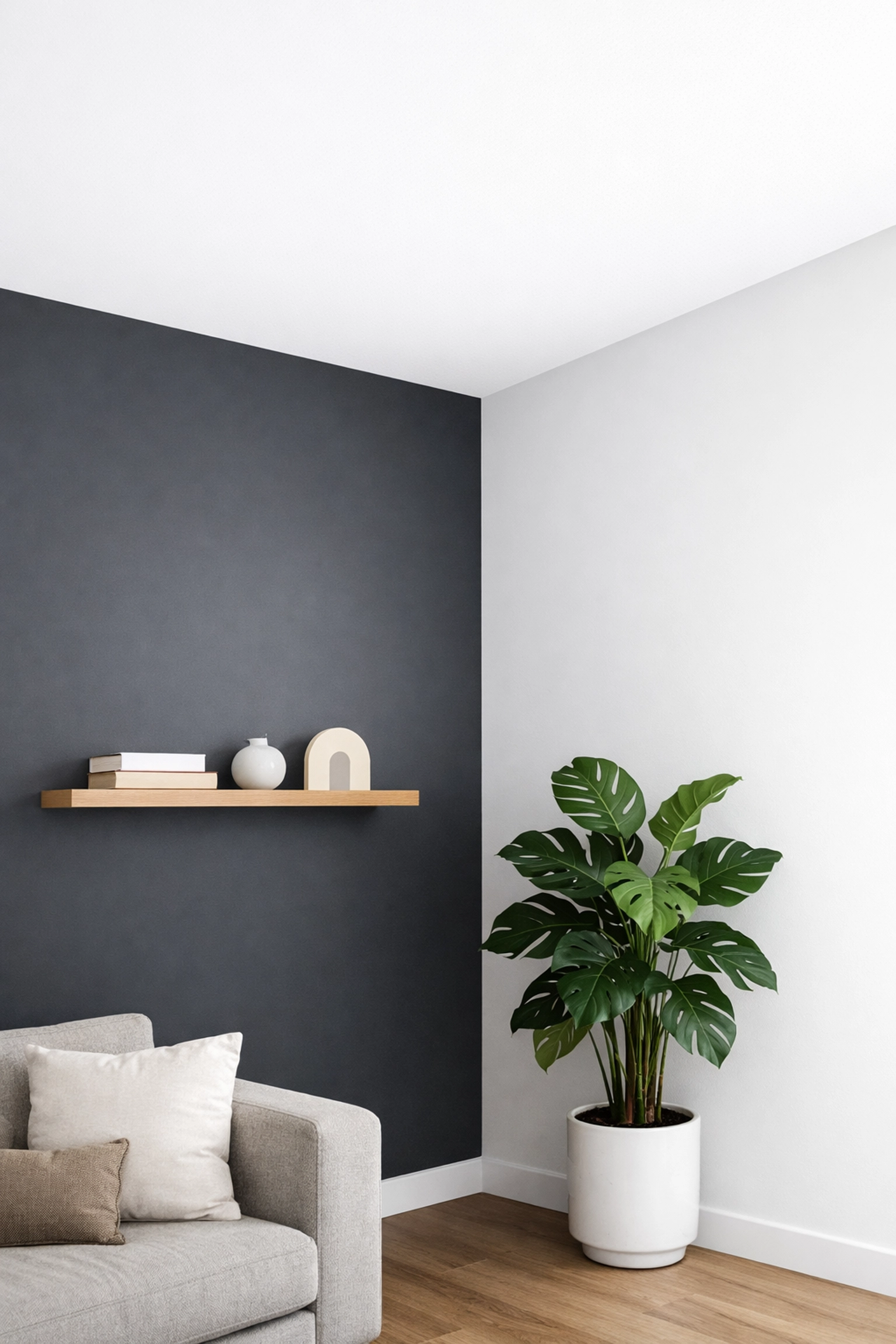 High contrast dark wall and white ceiling line in a small Cheltenham room.