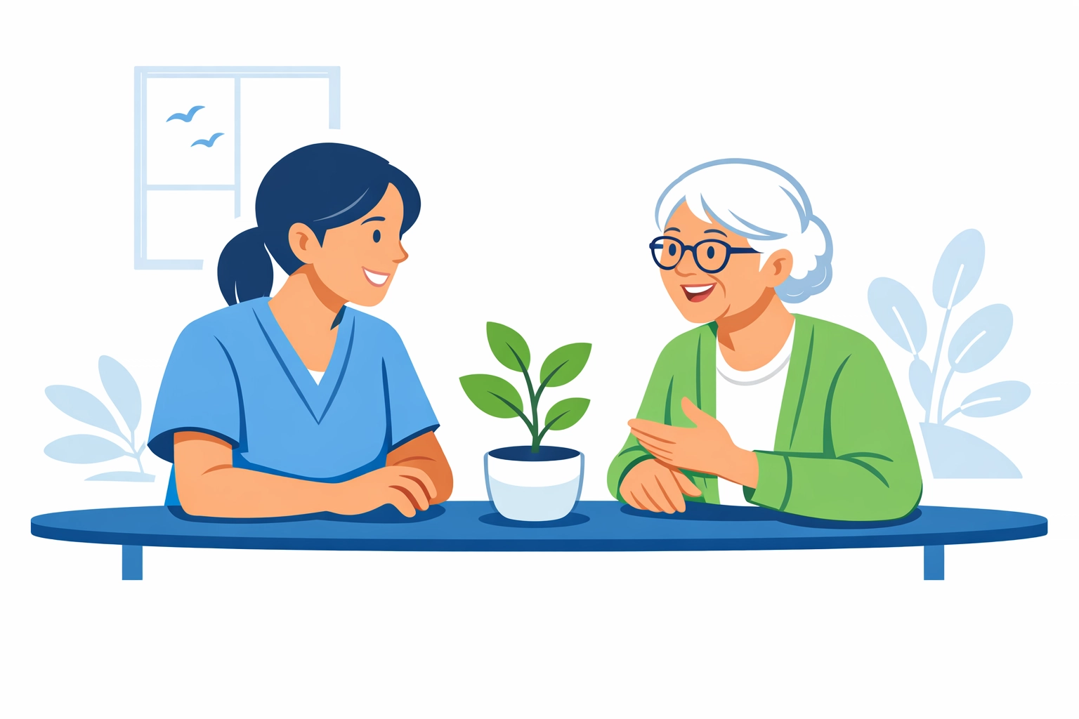 Friendly conversation between a caregiver and senior, illustrating emotional support in companion care services.
