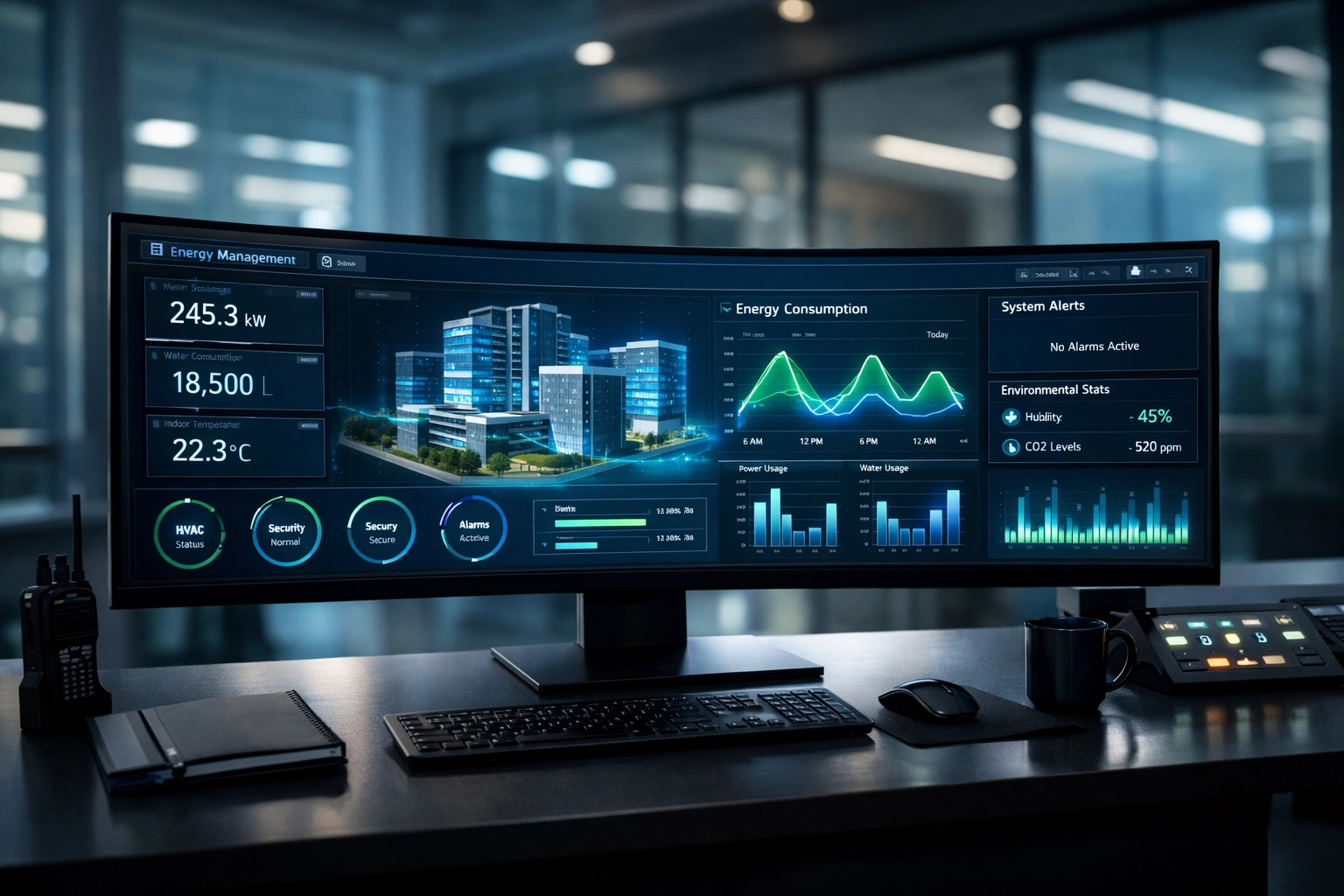 Building management system dashboard monitoring real-time electrical load data for commercial properties.