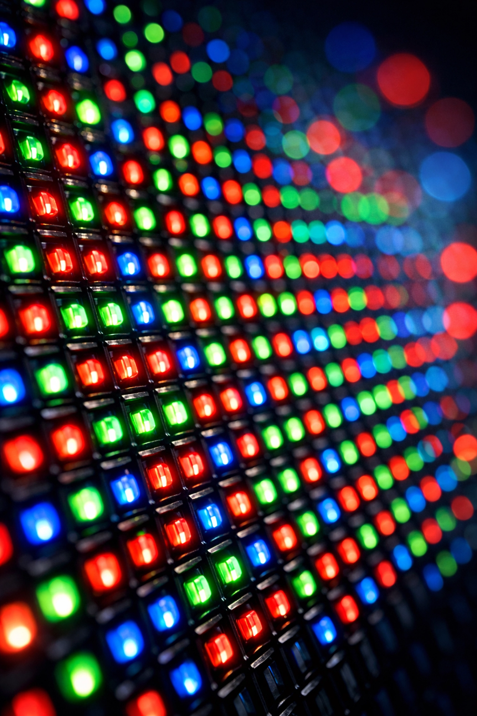 Close-up of LED video wall pixel grid showing individual RGB diodes