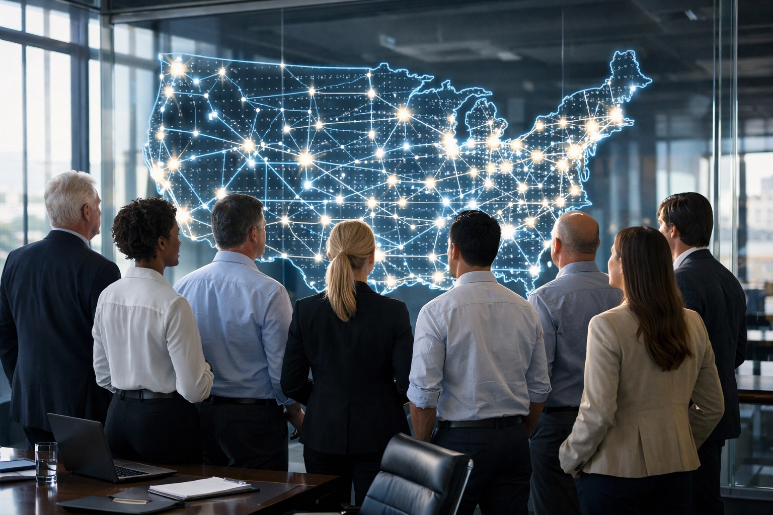 Executives reviewing a national infrastructure network map for a career-ready workforce ecosystem.