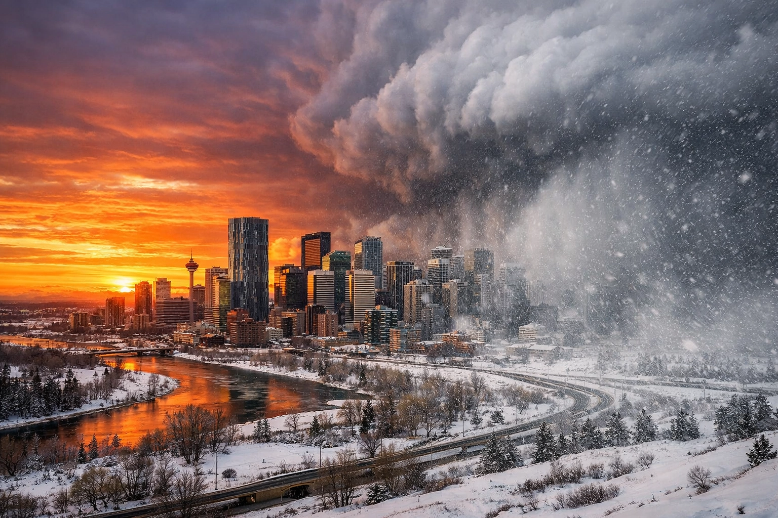 A dramatic weather front moving over the Calgary skyline bringing heavy snowfall and an arctic cold snap.