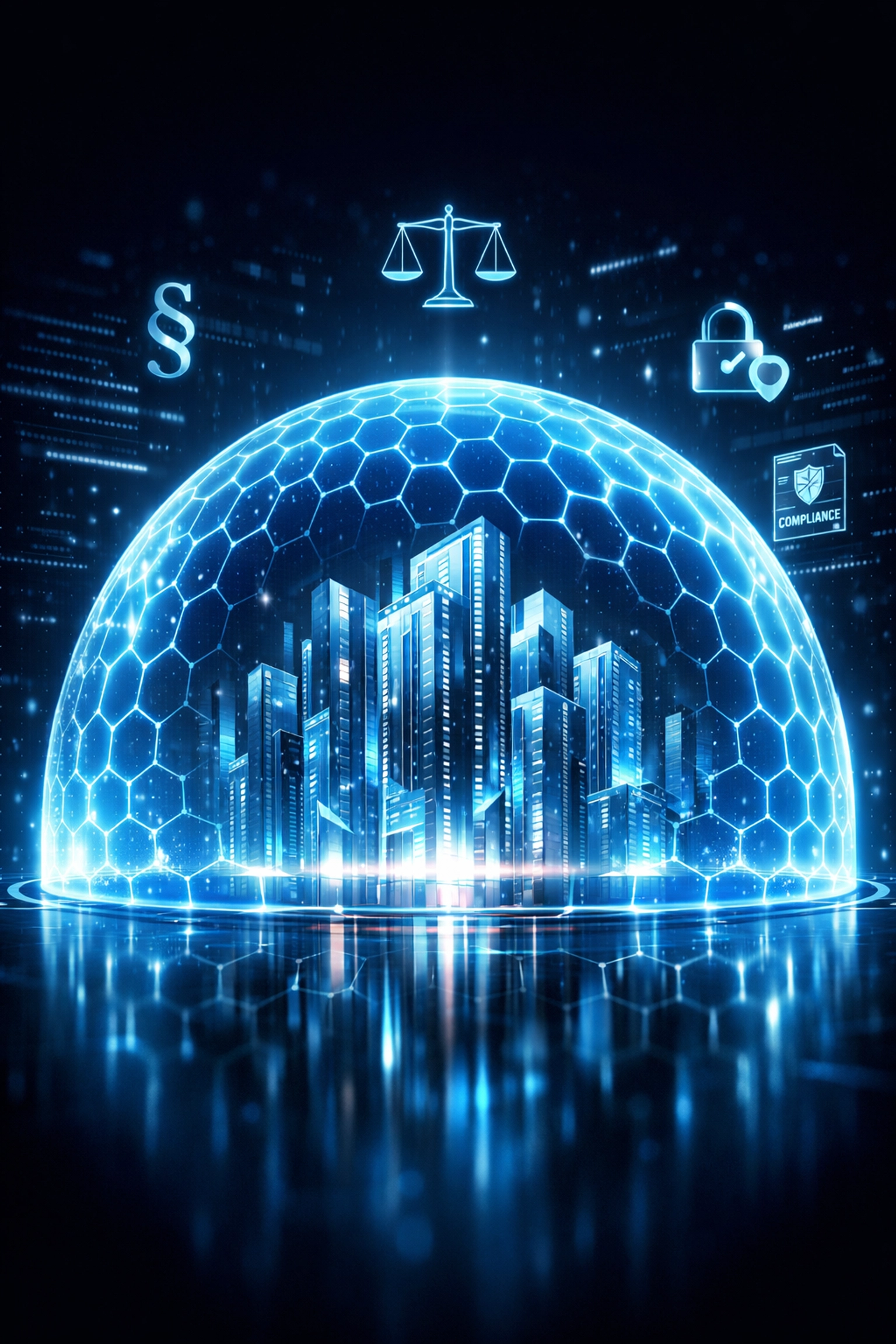 A digital shield protecting a business data center representing cybersecurity compliance and MDR.