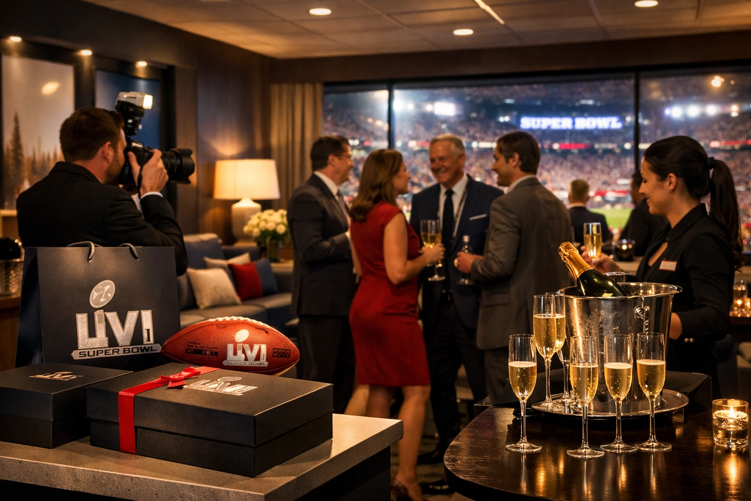 PRESS RELEASE: 7 Mistakes Companies Make with Super Bowl Corporate Travel (And How to Fix Them Before Kickoff) Corporate hospitality suite during Super Bowl with executives networking and branded decor