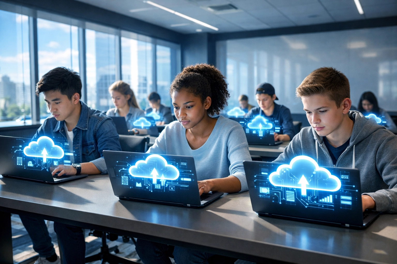 High school students learning cloud computing skills in corporate training environment