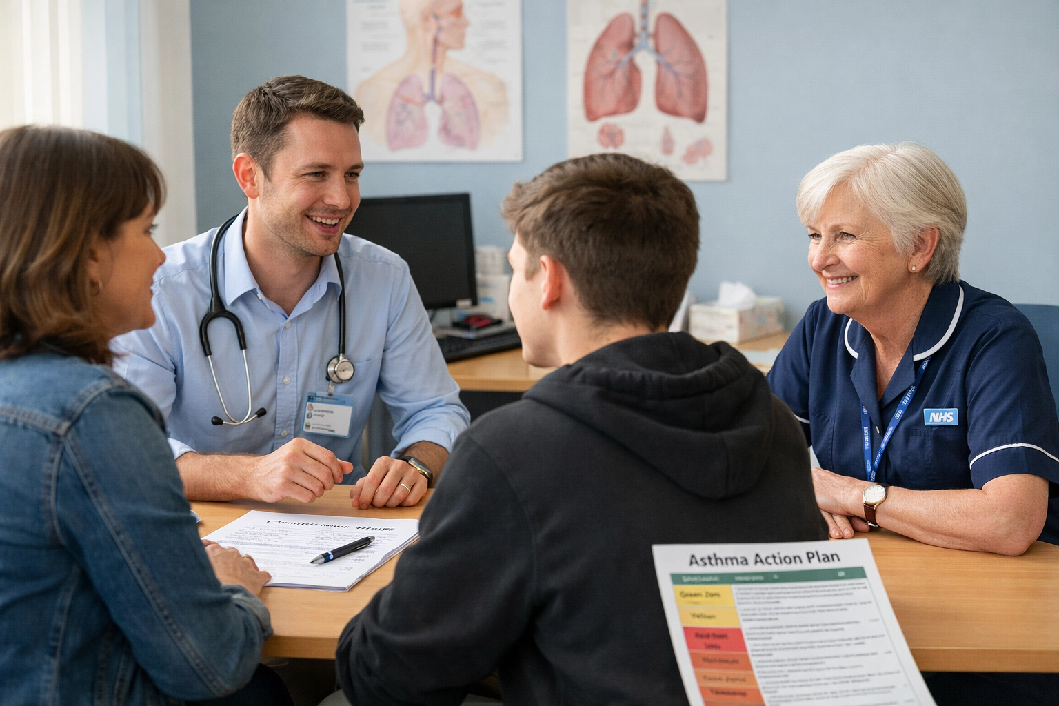 Joint consultation between pediatric and adult respiratory teams with young asthma patient and parent