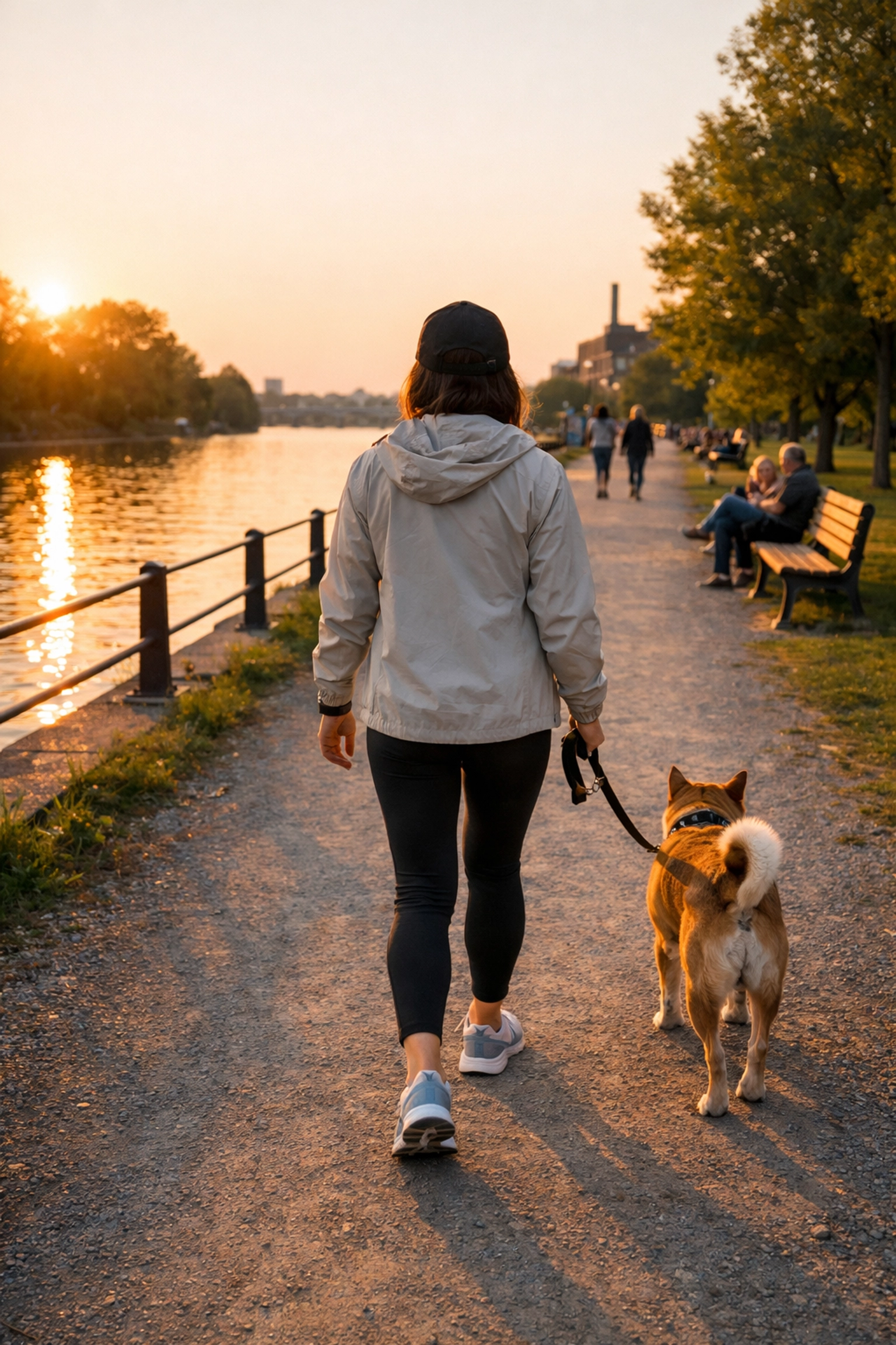 A person walking their dog along the Lachine Canal path during a golden hour sunset in spring.