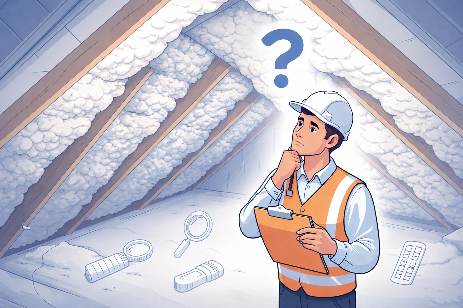 Surveyor confused by spray foam insulation covering loft rafters, unable to assess roof condition, causing mortgage issues.