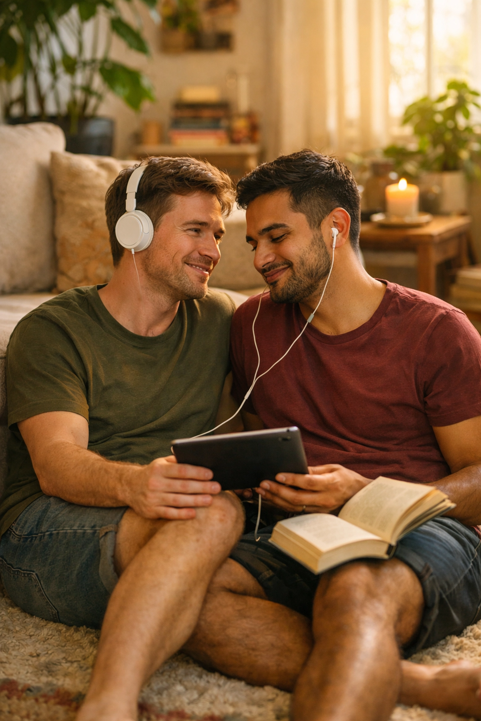 An intimate gay couple enjoying a slow burn MM romance book in a cozy living room.