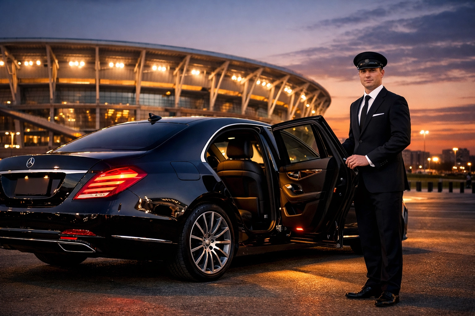 Are You Making These 7 Super Bowl Corporate Travel Mistakes That Cost Companies $100K+ Per Event? Luxury chauffeur service and black car ready for Super Bowl executive transportation at stadium