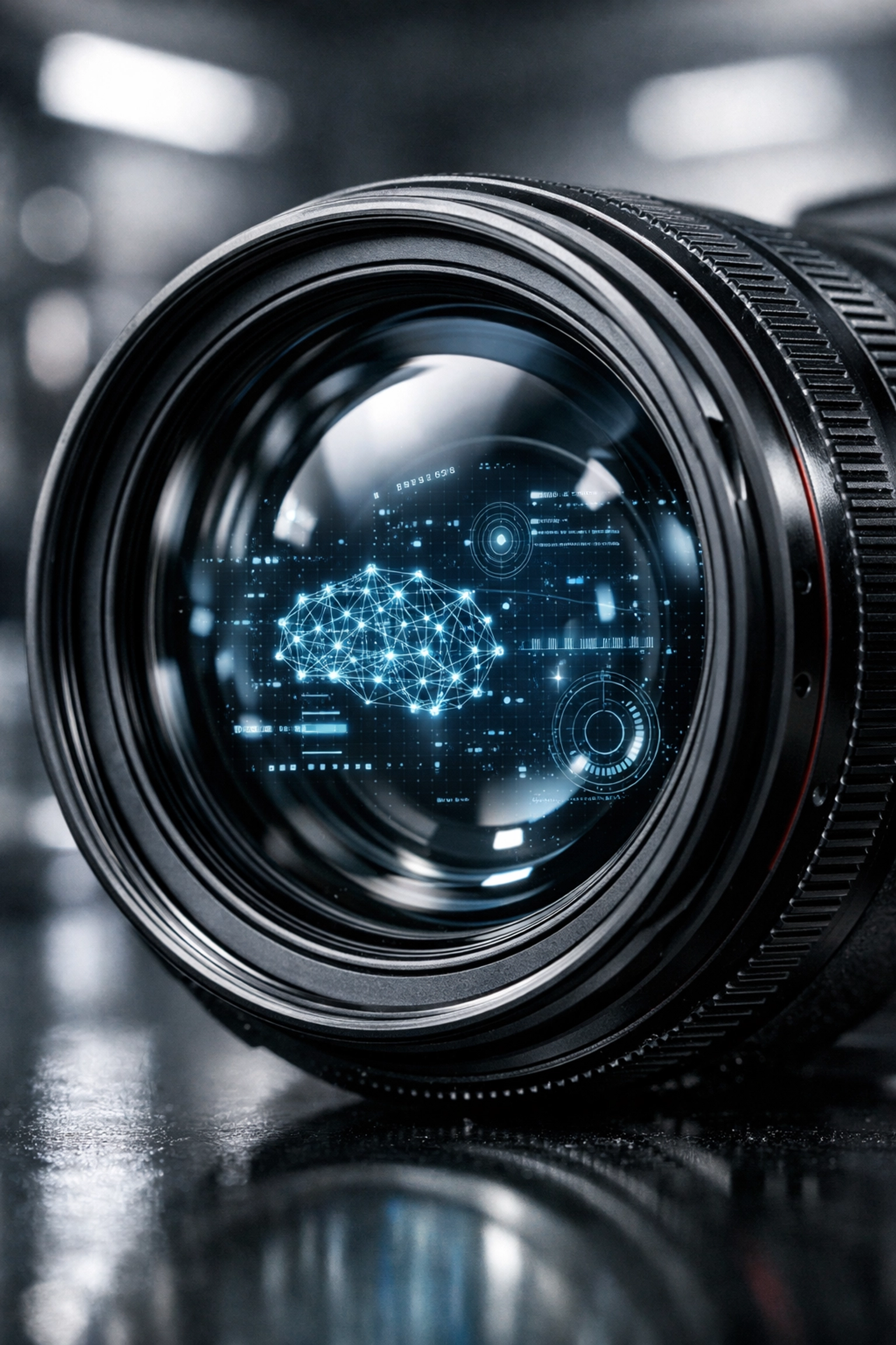 Professional mirrorless camera lens reflecting AI data points representing future photography technology trends.